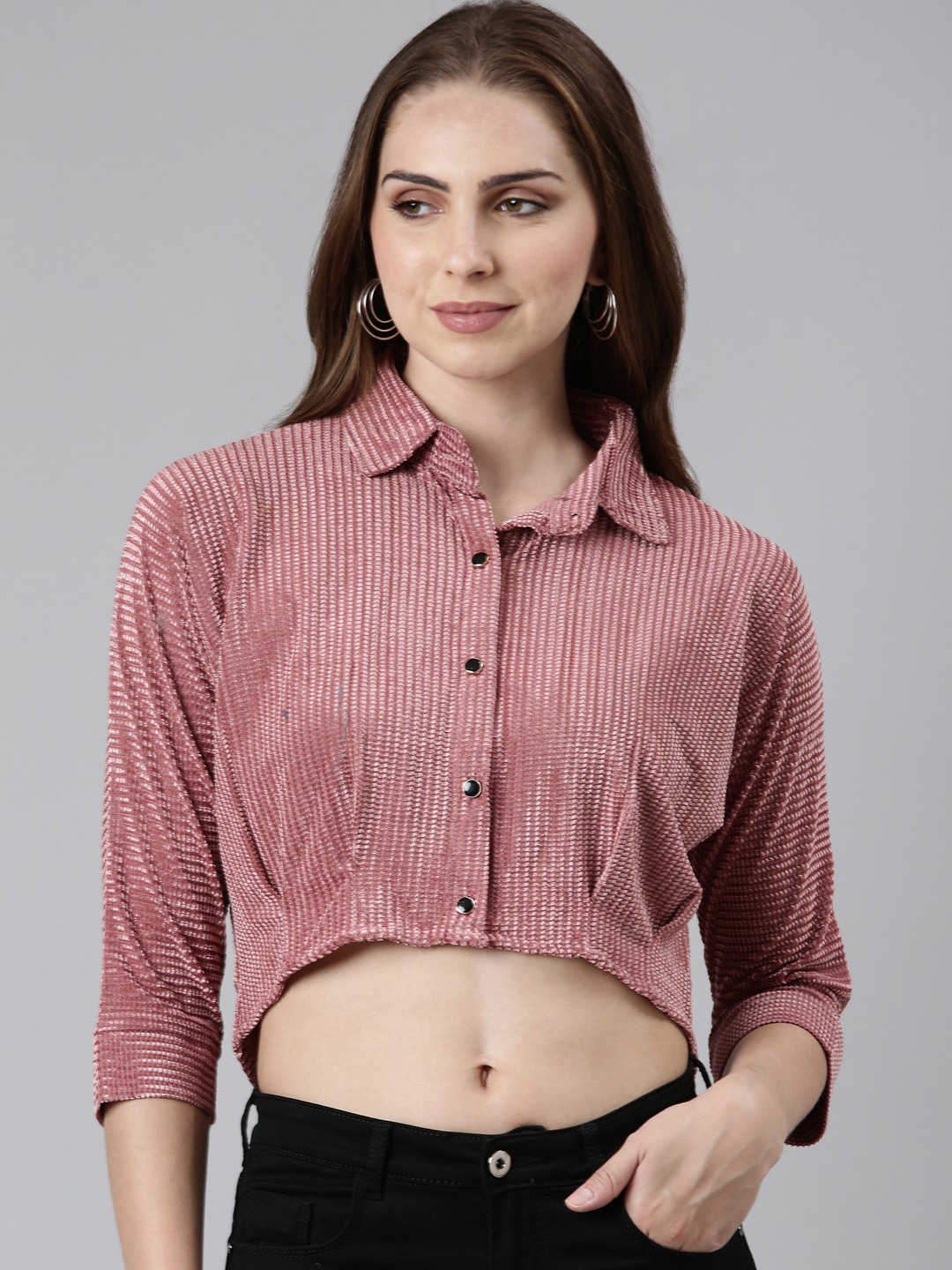 SHOWOFF Women's Shirt Collar Kimono Sleeves Self Design Mauve Crop Top