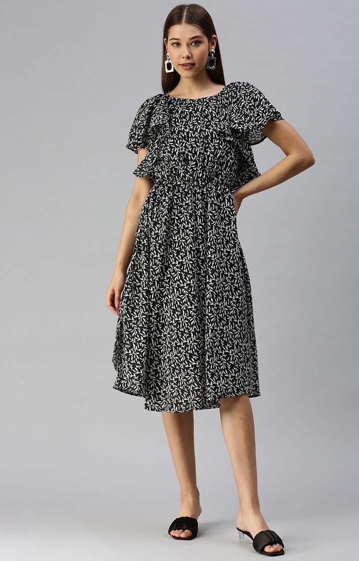 SHOWOFF Women's A-Line Round Neck Black Self Design Dress