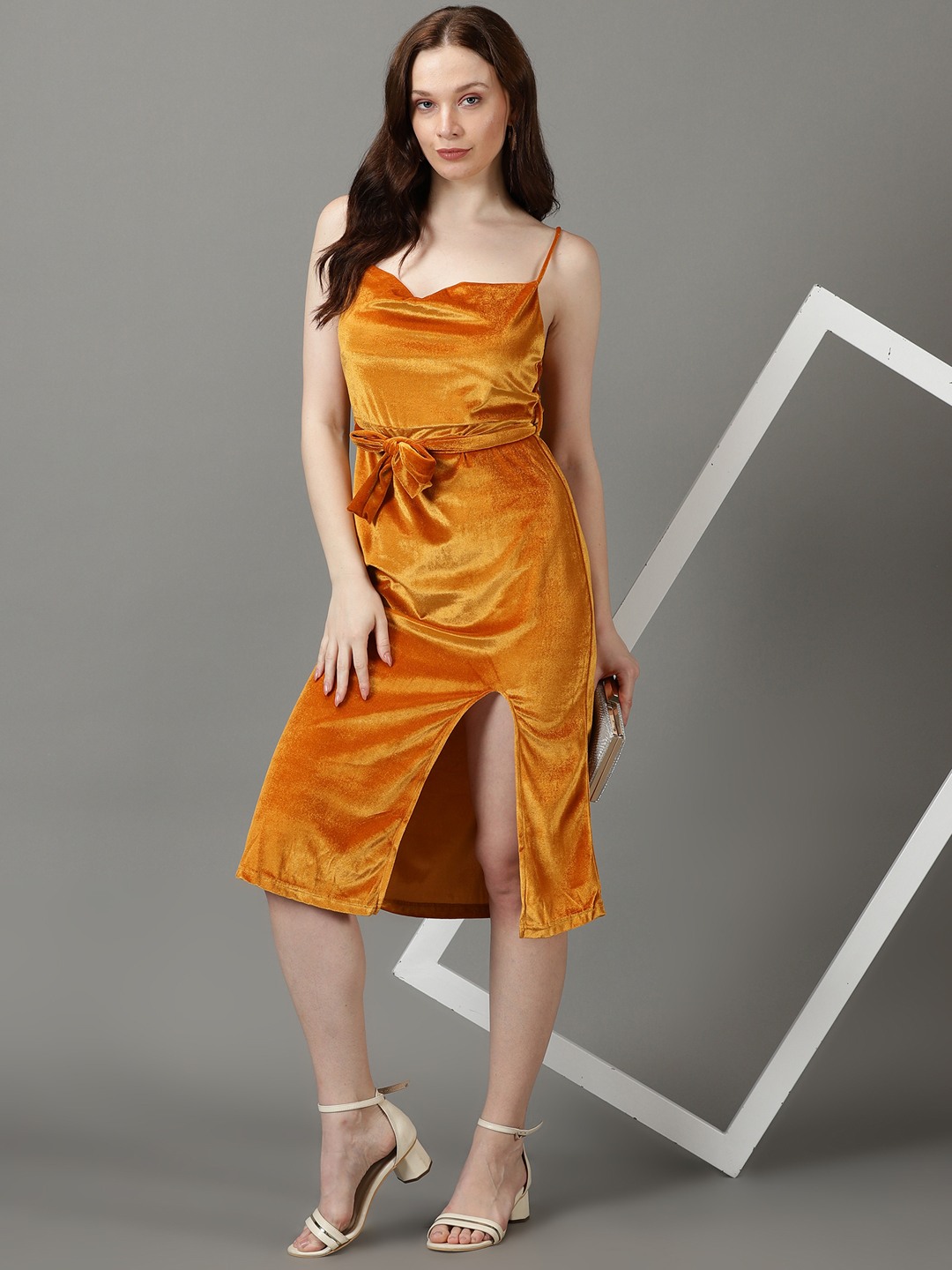 SHOWOFF Women's Shoulder Straps Solid Knee Length Mustard Dress