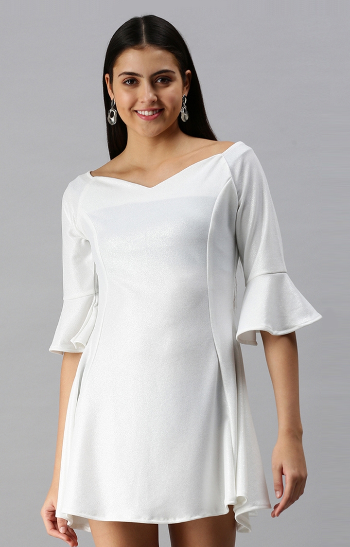 SHOWOFF Women's Fit and Flare Off-Shoulder White Solid Dress