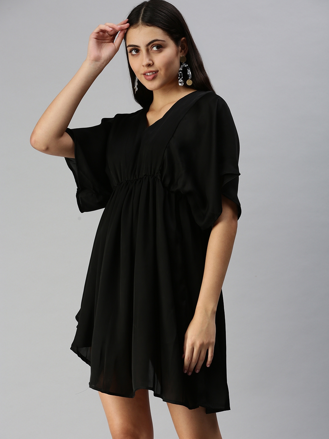SHOWOFF Women's Black V-Neck Solid A-Line Dress
