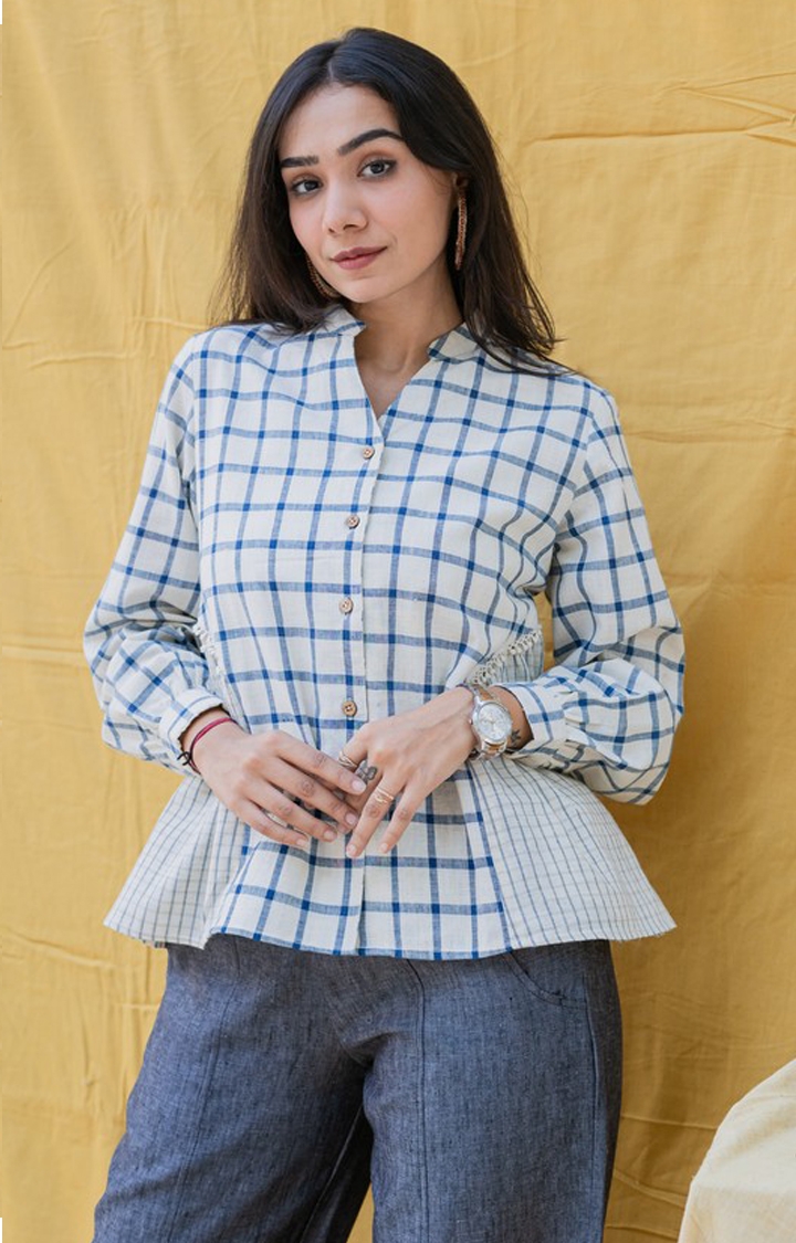 Women's White and Blue Cotton Checked Casual Shirt