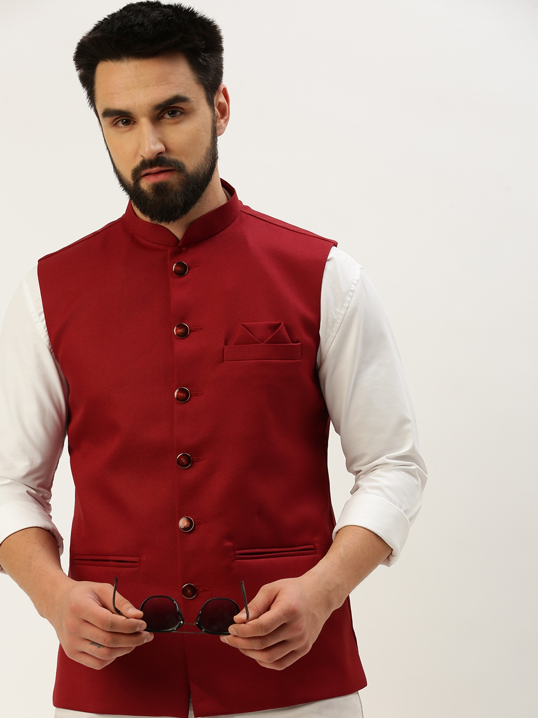Showoff | SHOWOFF Men's Solid Mandarin Collar Maroon Nehru Jacket