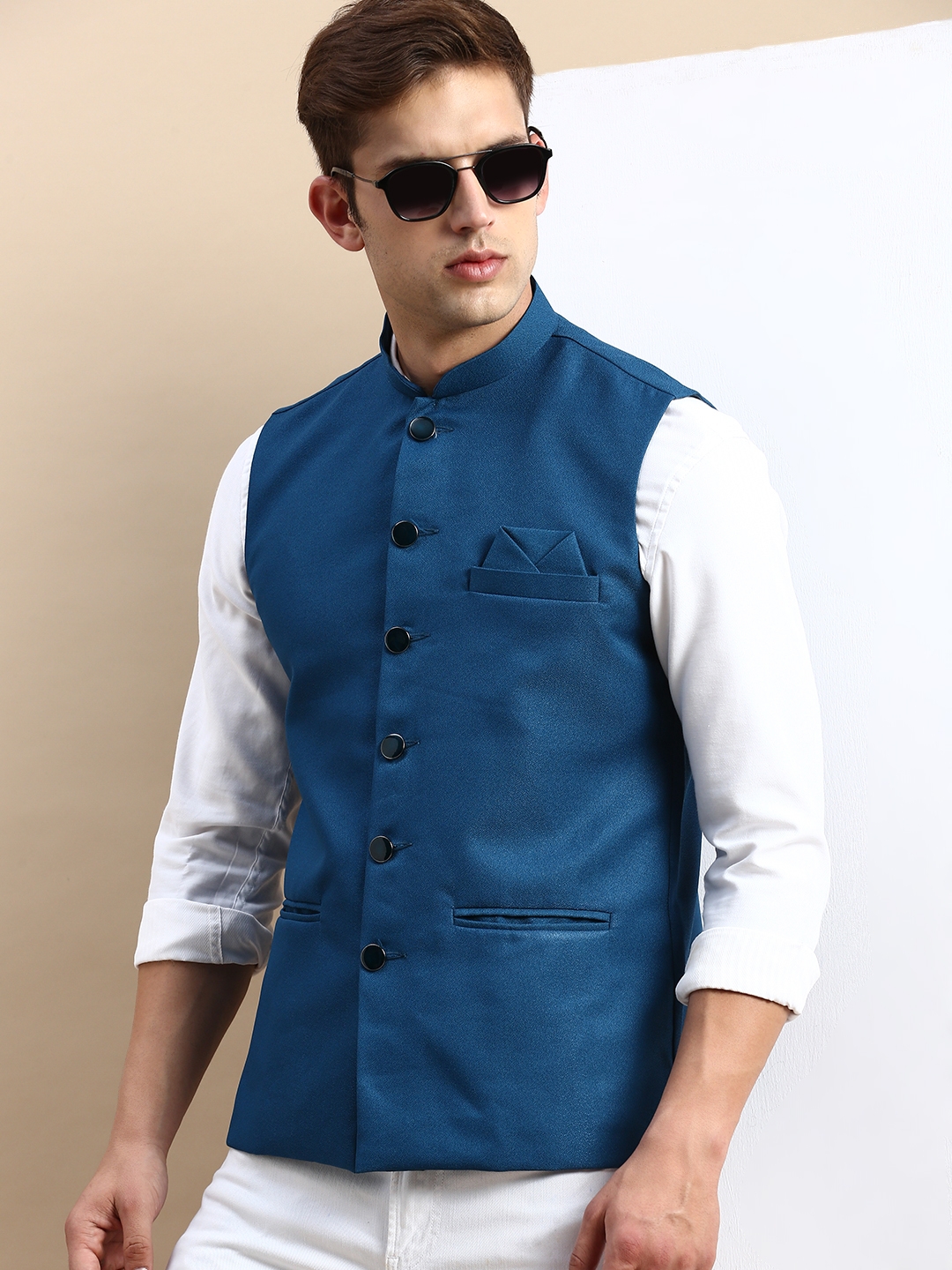 Showoff | SHOWOFF Men's Woven Design Mandarin Collar Teal Nehru Jacket
