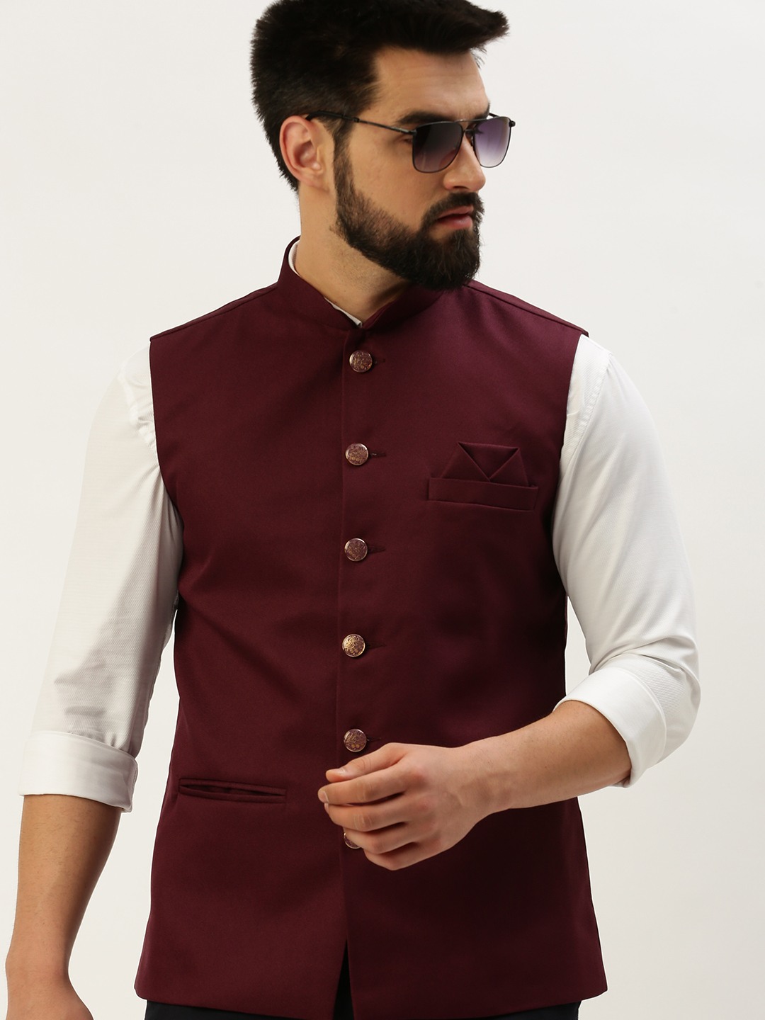 SHOWOFF Men's Woven Design Mandarin Collar Burgundy Nehru Jacket