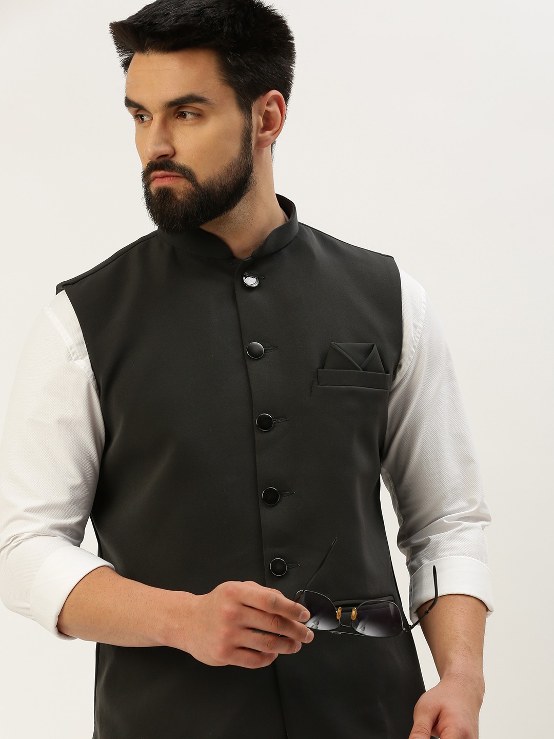 SHOWOFF Men's Solid Mandarin Collar Grey Nehru Jacket
