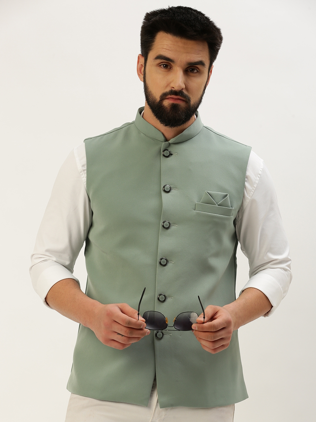 SHOWOFF Men's Solid Mandarin Collar Sea Green Nehru Jacket