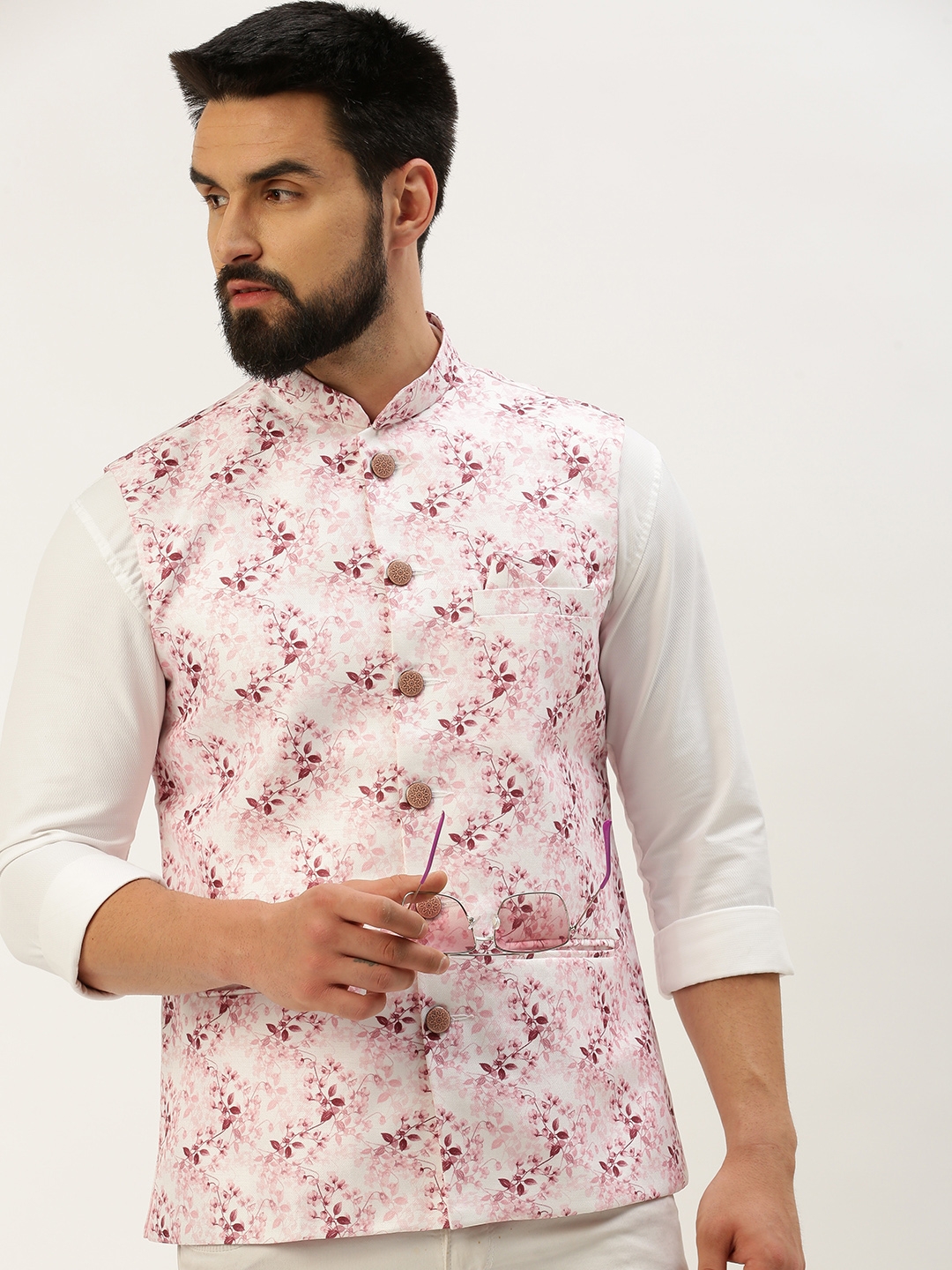 Showoff | SHOWOFF Men's Solid Mandarin Collar Pink Nehru Jacket