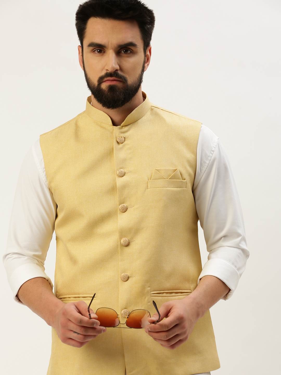 Showoff | SHOWOFF Men's Solid Mandarin Collar Yellow Nehru Jacket