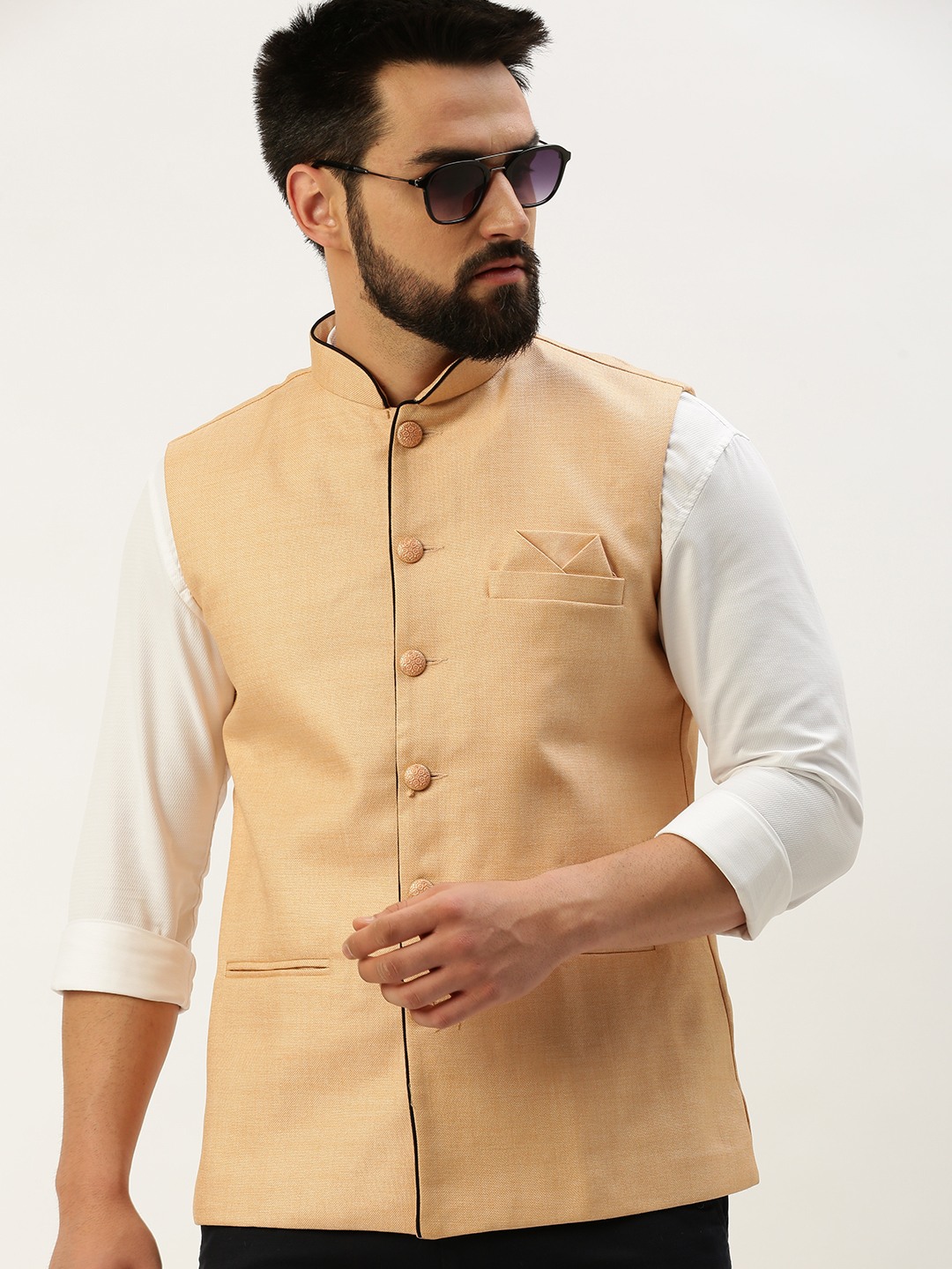 SHOWOFF Men's Solid Mandarin Collar Peach Nehru Jacket