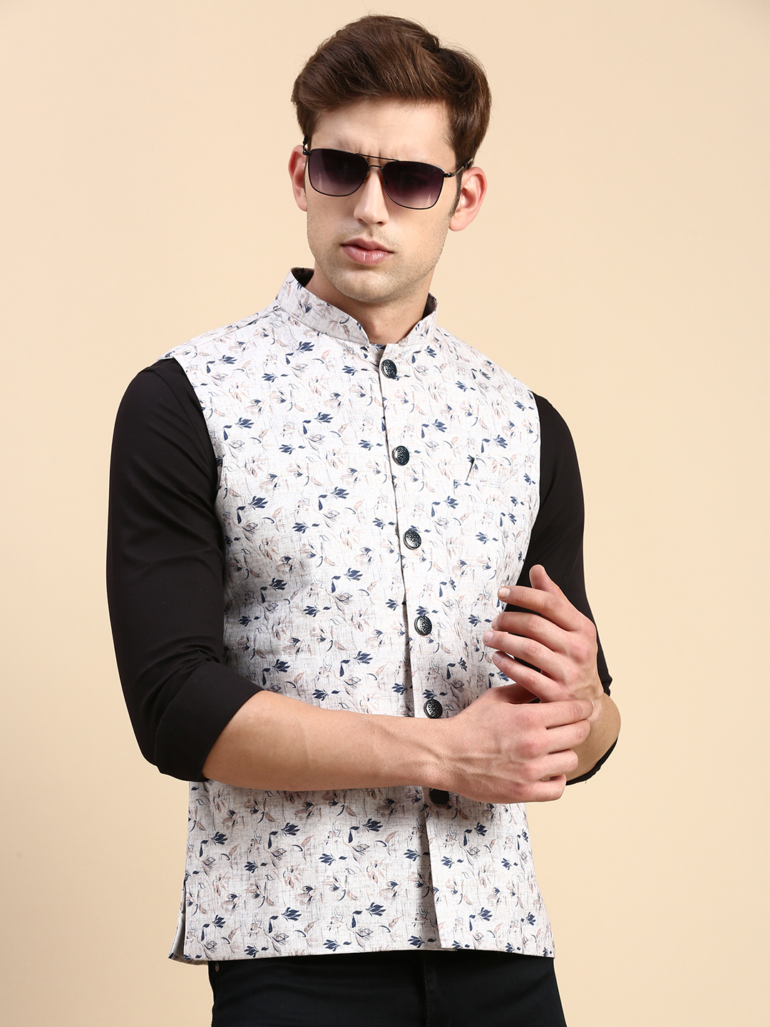 SHOWOFF Men's Slim Fit Printed Beige Nehru Jacket