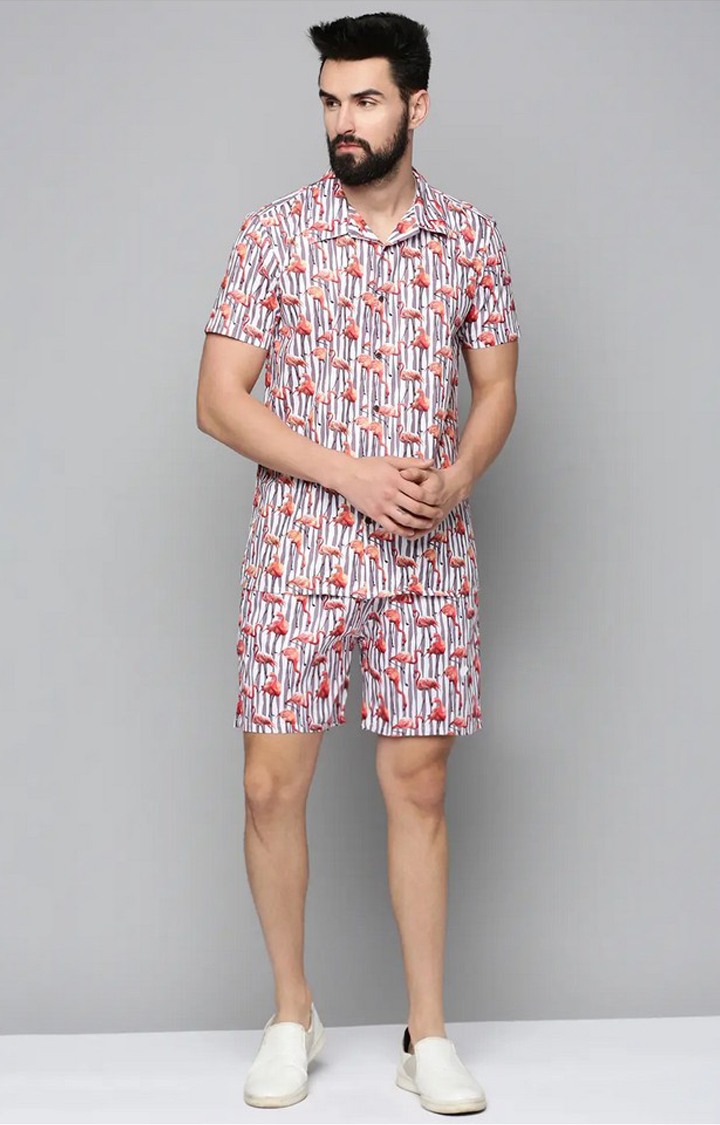 SHOWOFF Men White Printed Shirt Collar Short Sleeves Co-Ords Set