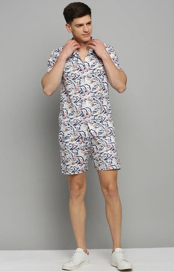 SHOWOFF Men White Printed Shirt Collar Short Sleeves Co-Ords Set