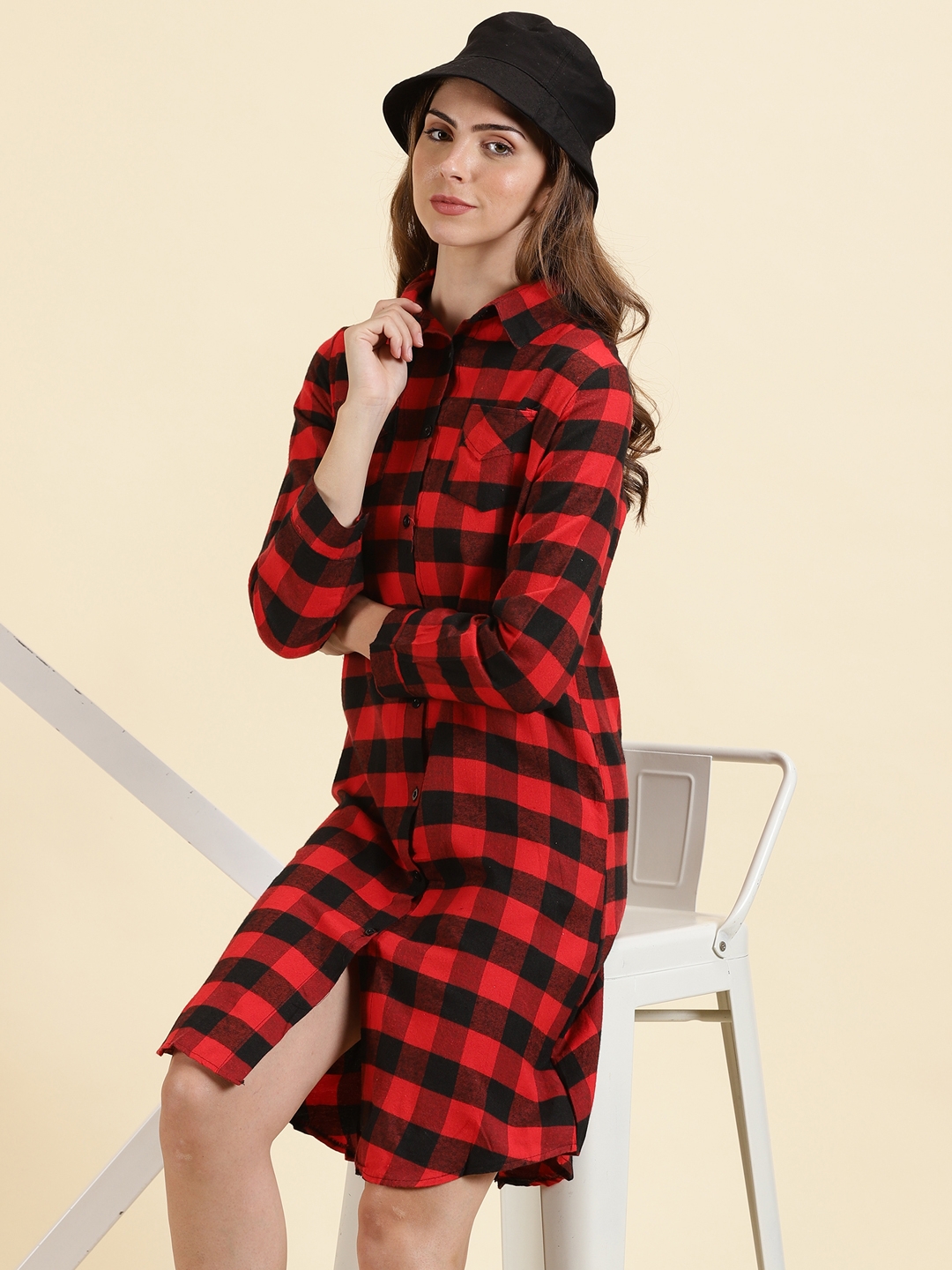 SHOWOFF Women's Spread Collar Checked Red Longline Shirt