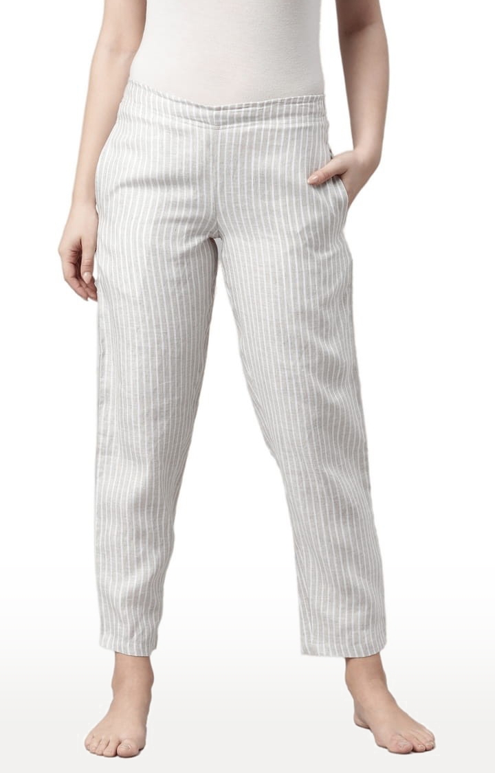 Ecentric | Women's Beige White Stripes Hemp Casual Pant