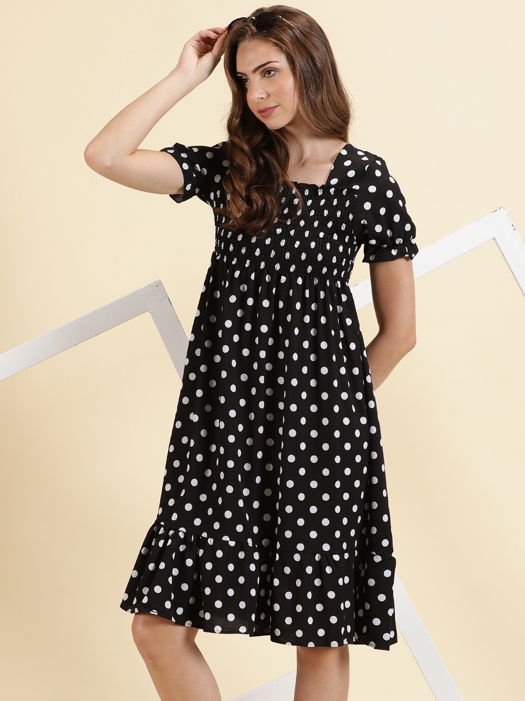 SHOWOFF Women's Mini Polka Dots Fit and Flare Black Dress