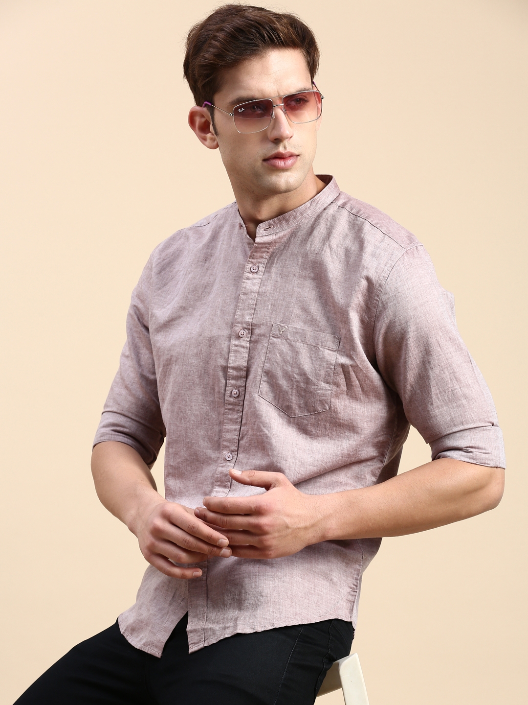 SHOWOFF Men's Mandarin Collar Taupe Slim Fit Solid Shirt