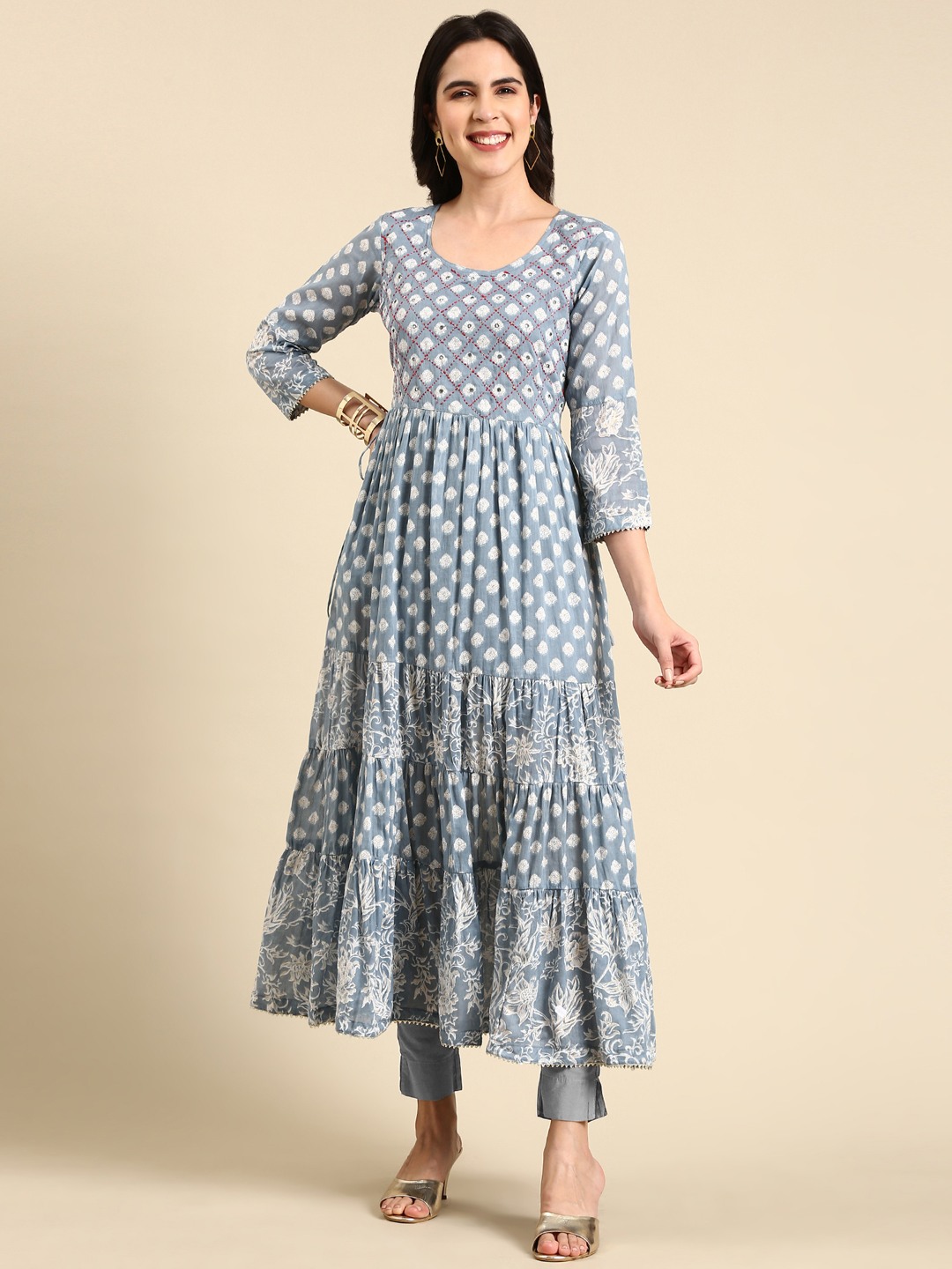 SHOWOFF Women's Ankle Length Ethnic Motifs Anarkali Blue Kurta