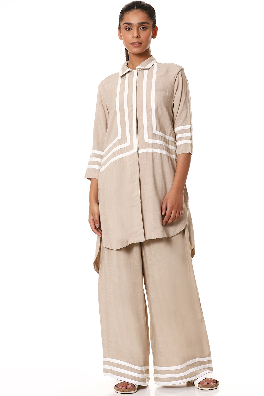 ABRAHAM AND THAKORE | Beige Patchwork High Low Shirt