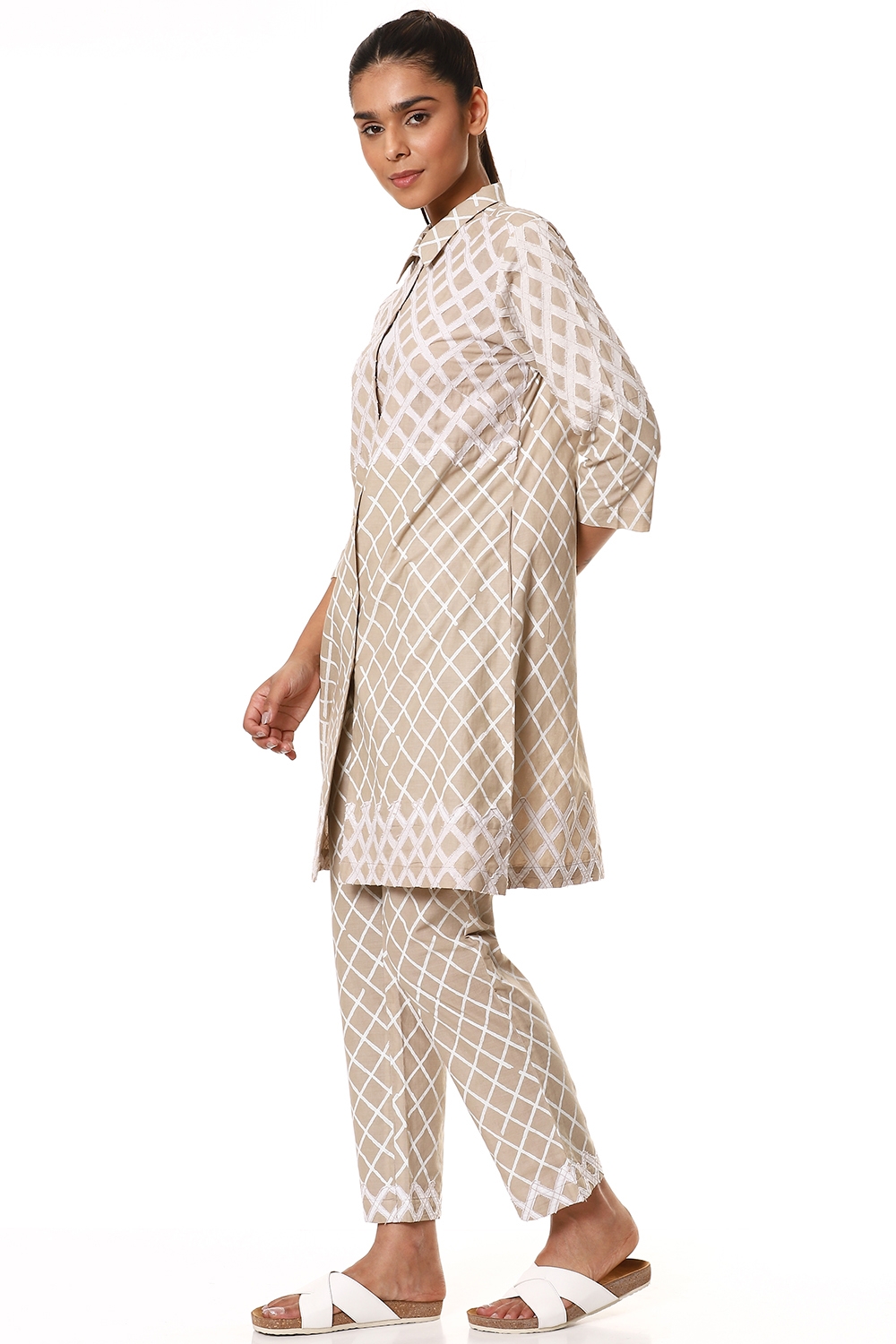 ABRAHAM AND THAKORE | Beige Block Printed Button Front Shirt