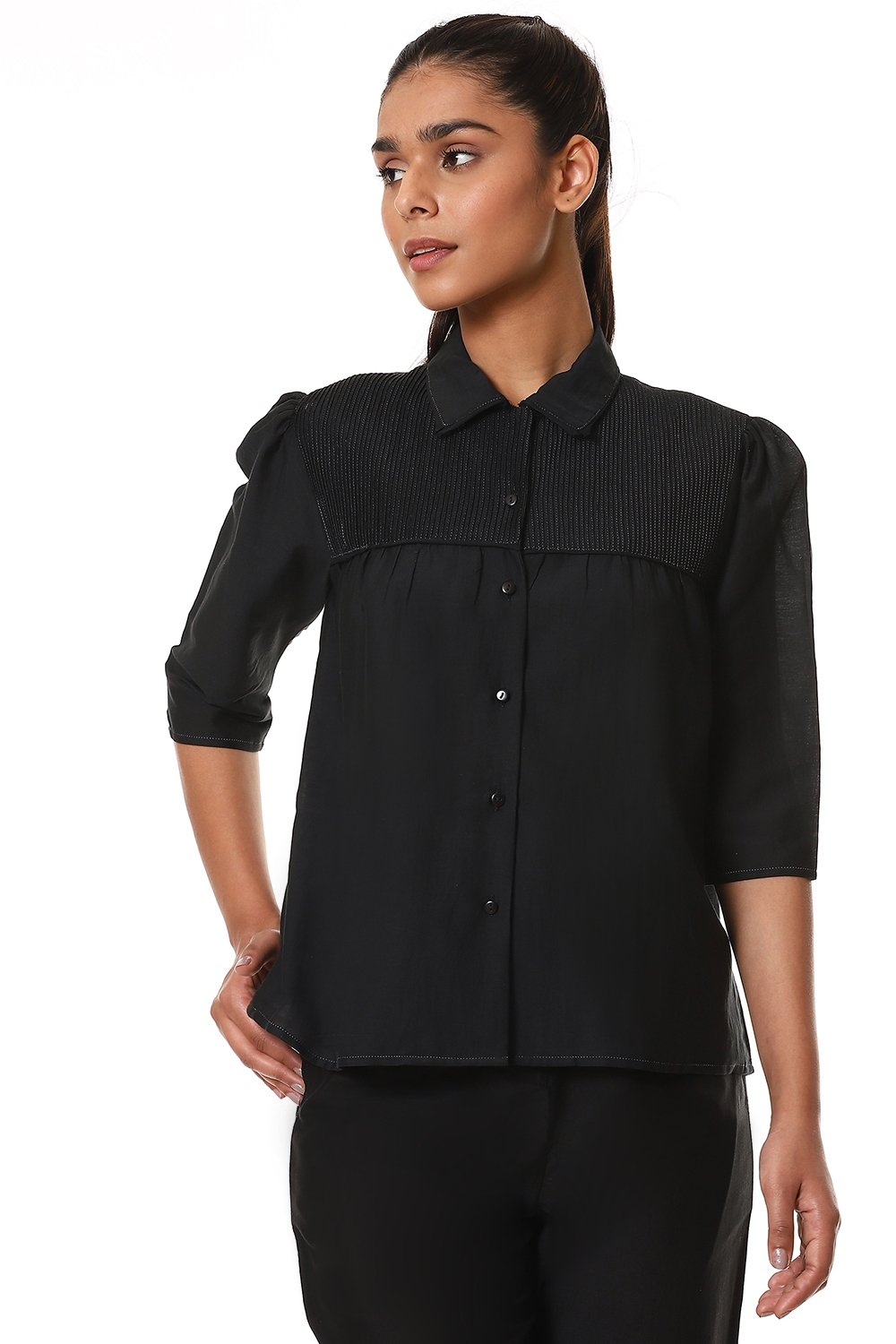 ABRAHAM AND THAKORE | Black Button Front Kedia Top