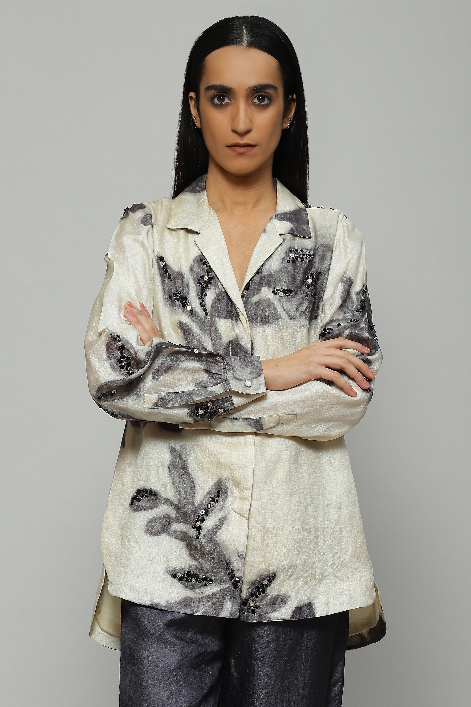 ABRAHAM AND THAKORE | Printed And Sequinned Tussar Shirt