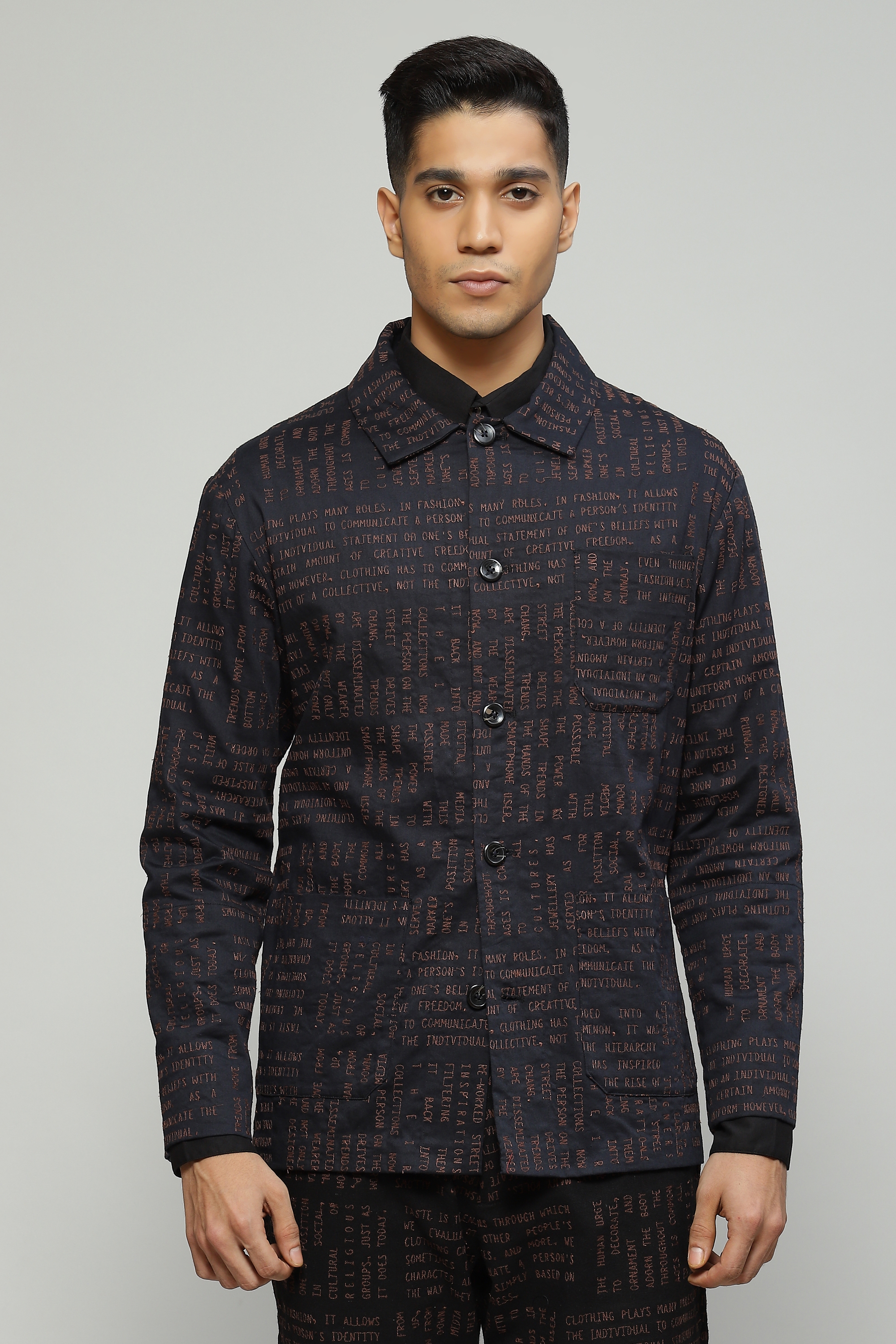 ABRAHAM AND THAKORE | Calligraphy Embroidered Black Jacket