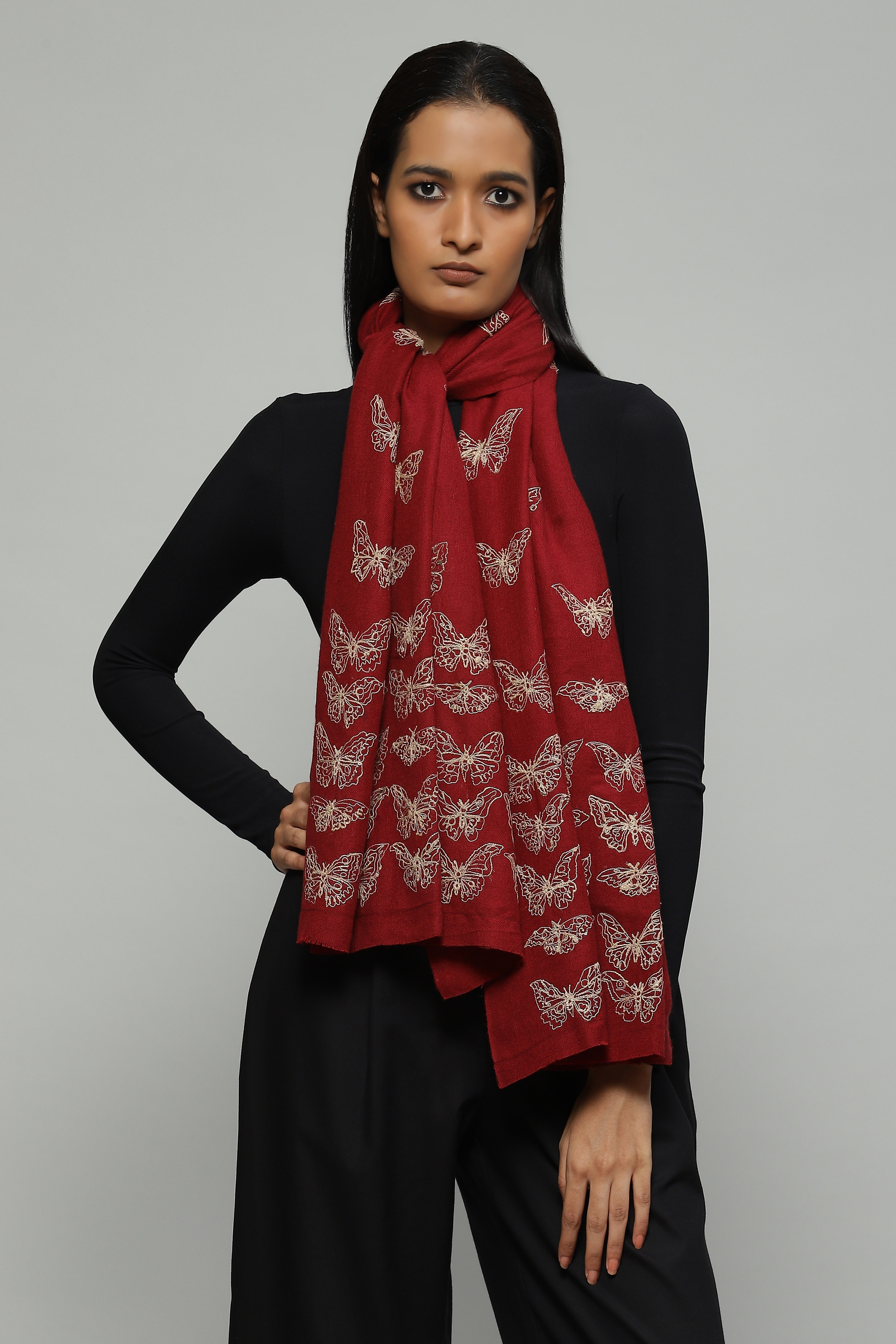 ABRAHAM AND THAKORE | Tussar Silk Embroidered Wool Scarf Madder