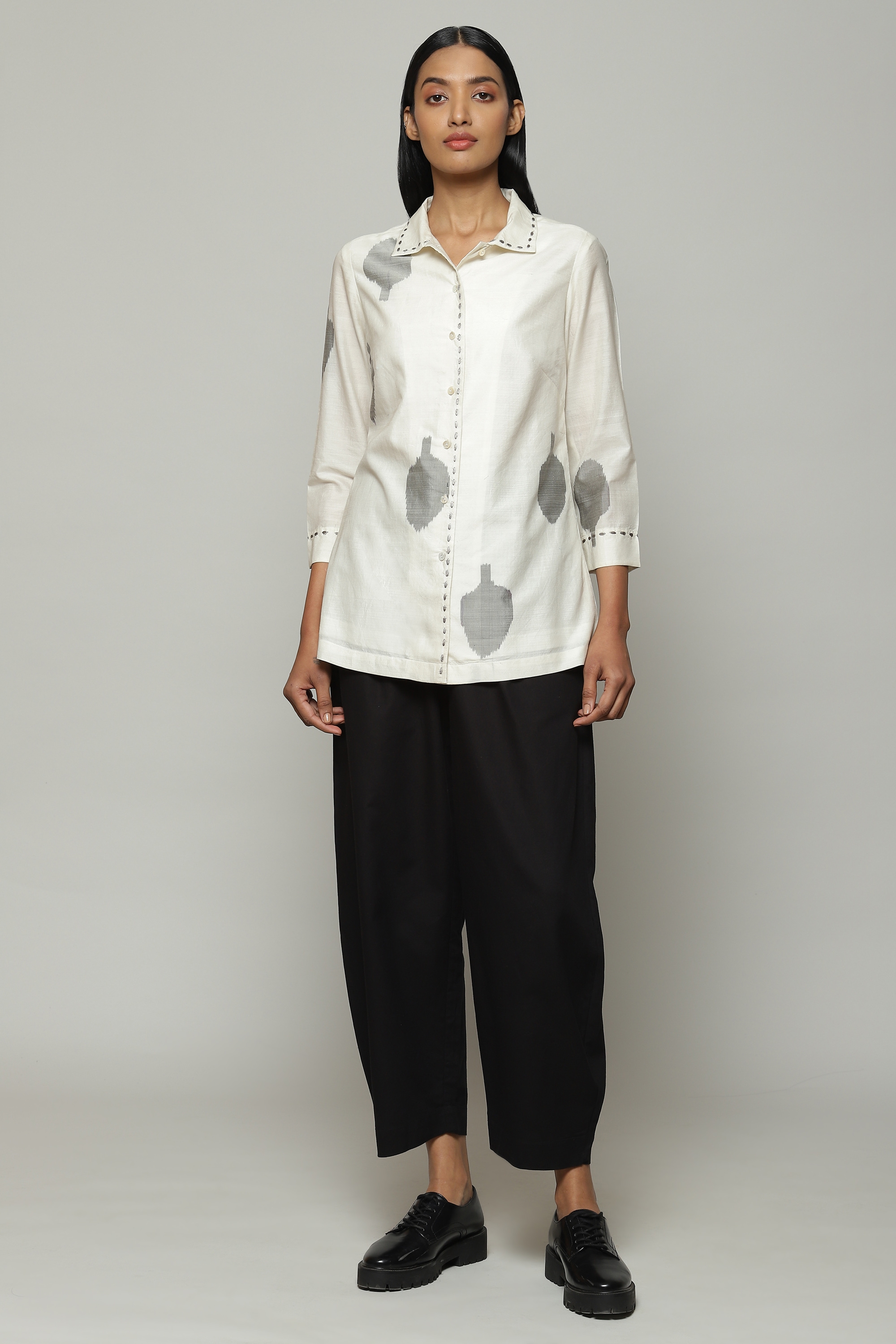 ABRAHAM AND THAKORE | Leaf Single Ikat Silk X Cotton Shirt Ivory