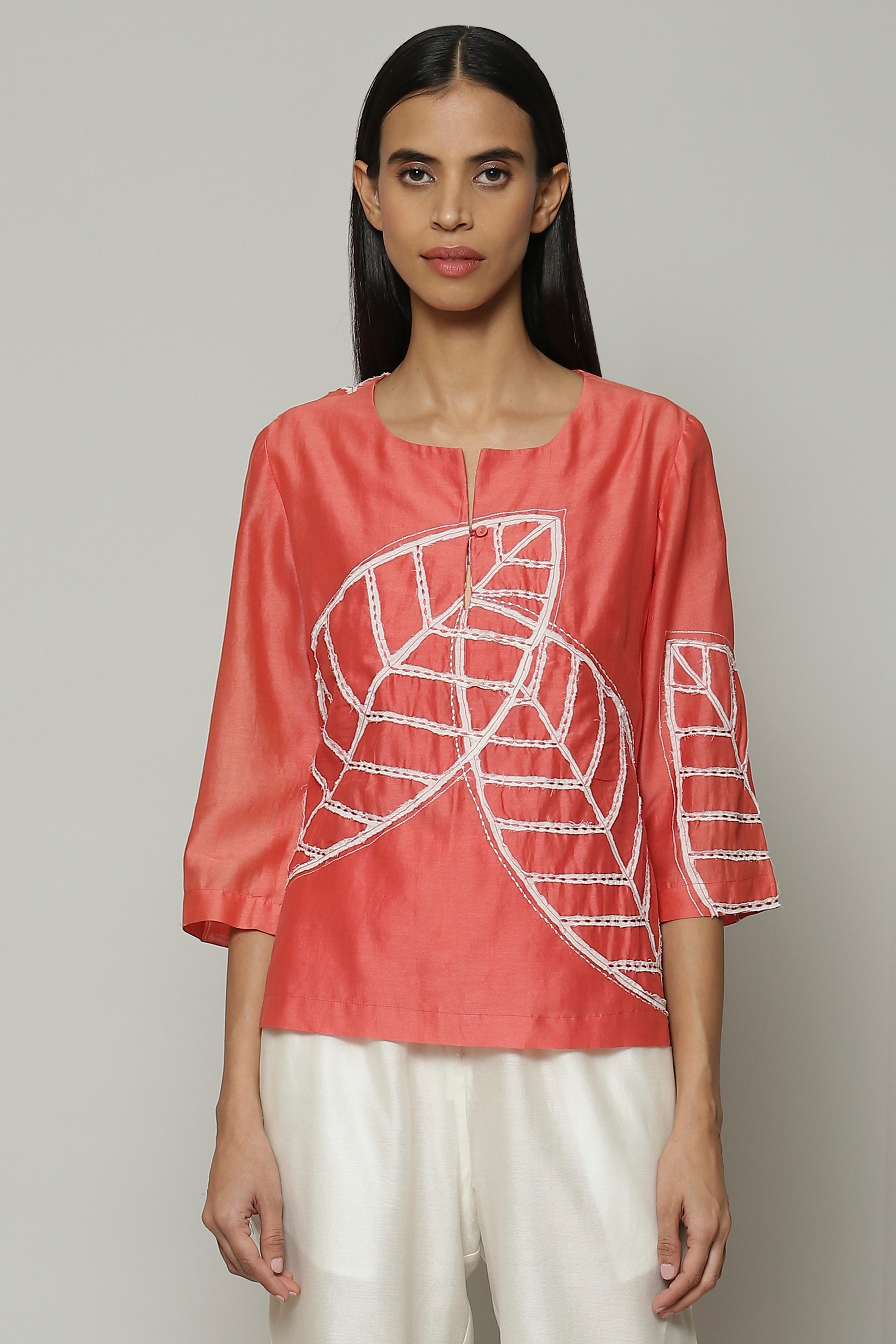 ABRAHAM AND THAKORE | Leaf Patchwork Embroidered Silk X Cotton Top Coral