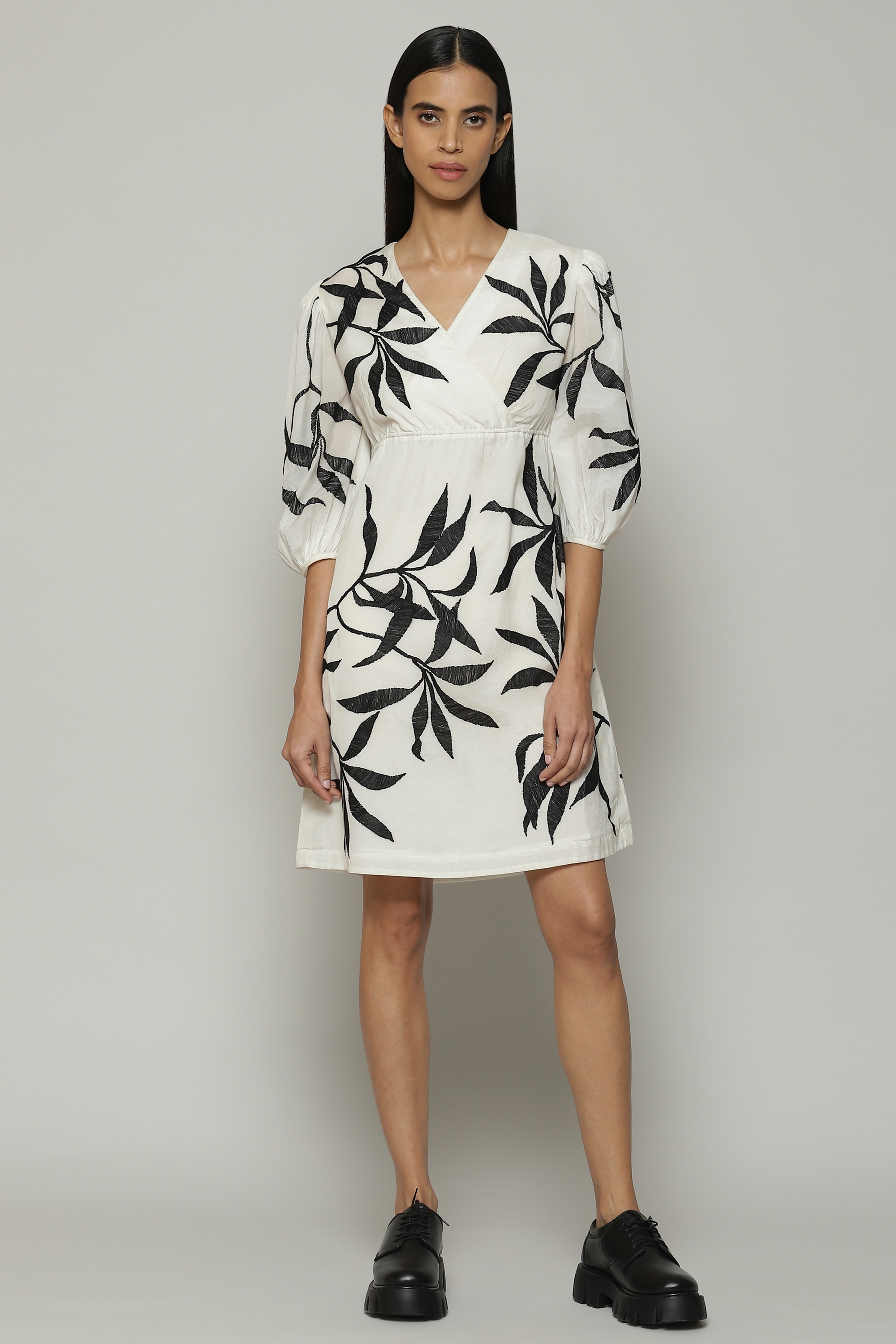 ABRAHAM AND THAKORE | Leaf Crewel Embroidered Luxe Voile Dress Ivory