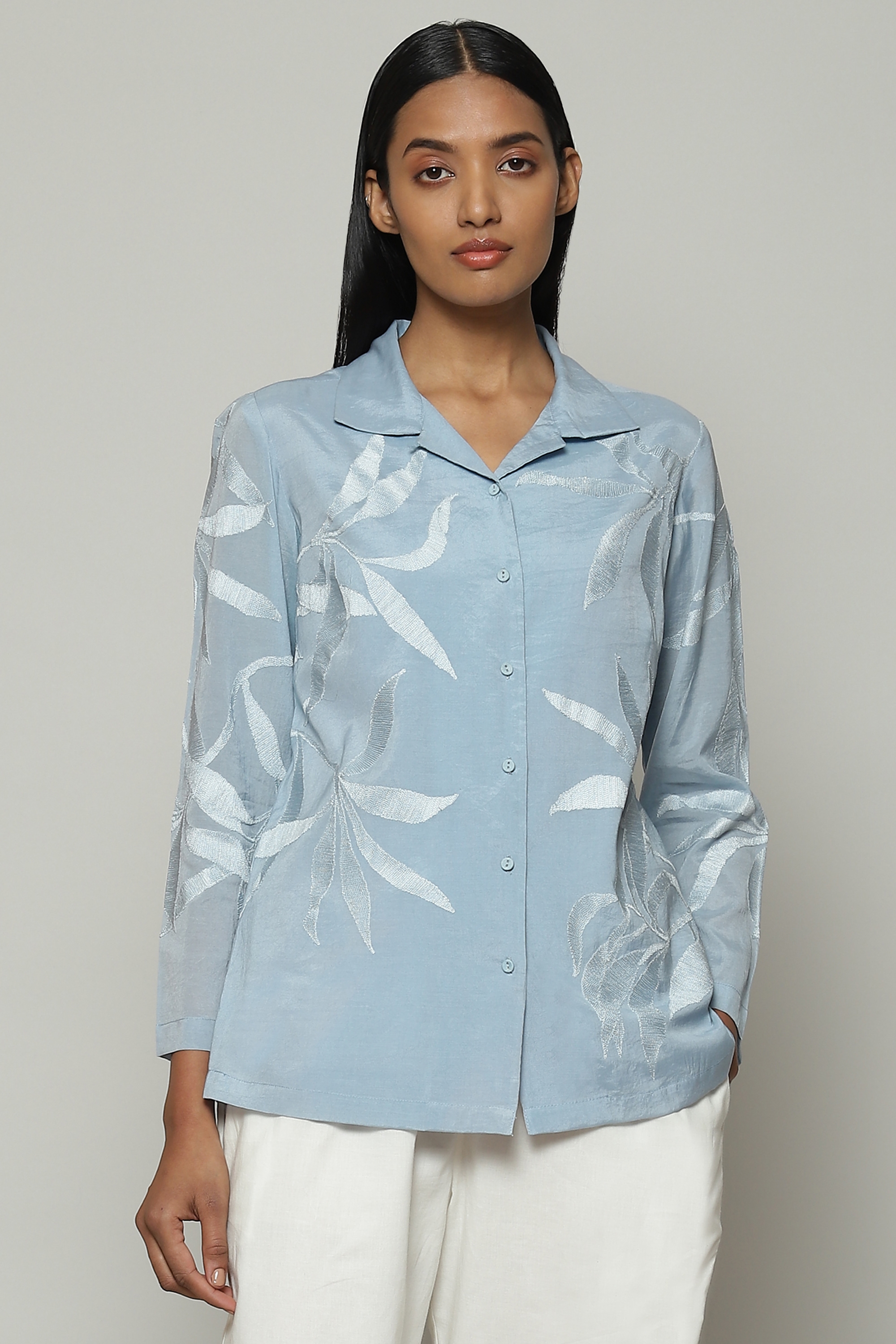 ABRAHAM AND THAKORE | Leaf Crewel Embroidered Luxe Voile Shirt Carolina