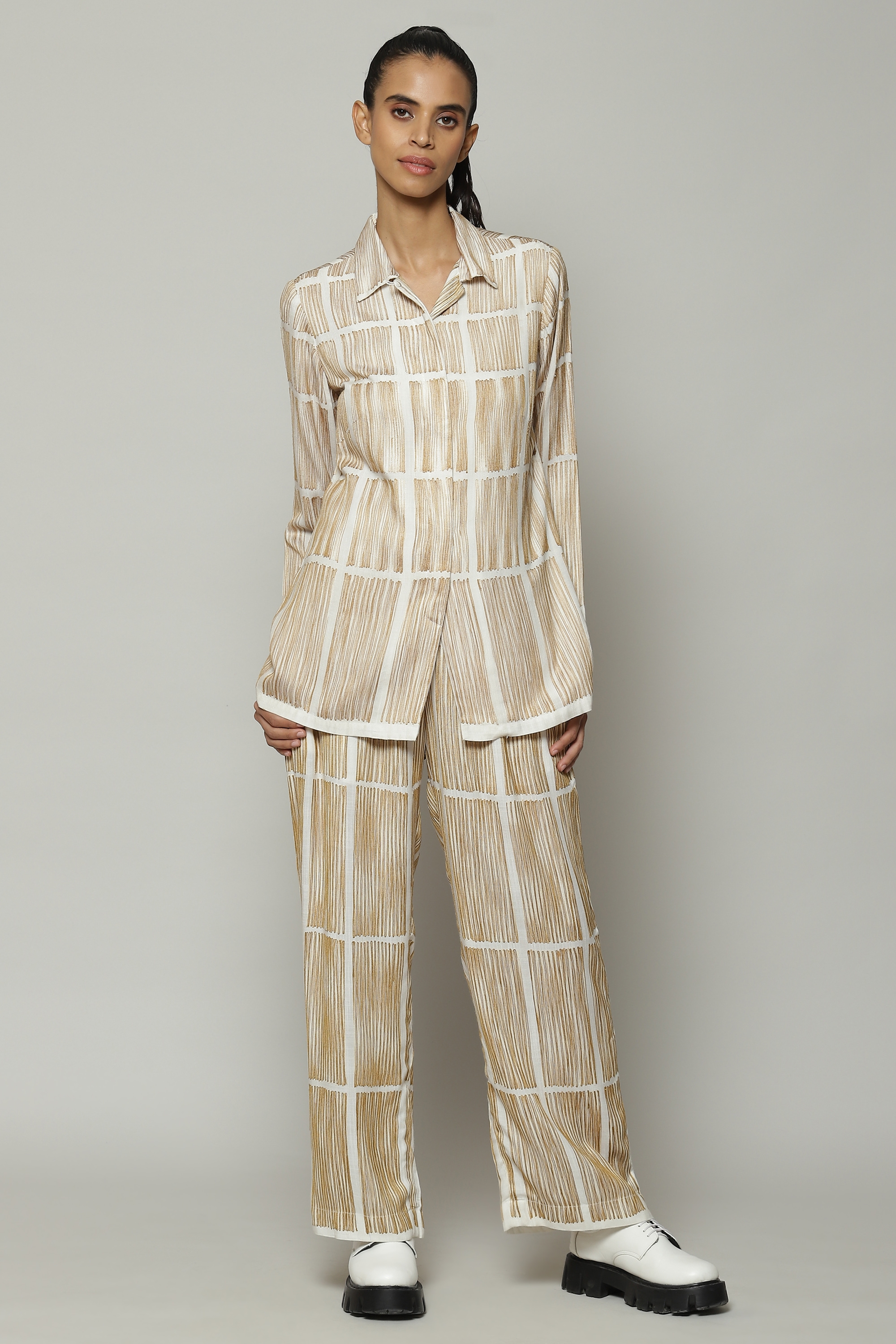 ABRAHAM AND THAKORE | Crewel Embroidered Cotton Shirt Ivory Parchment