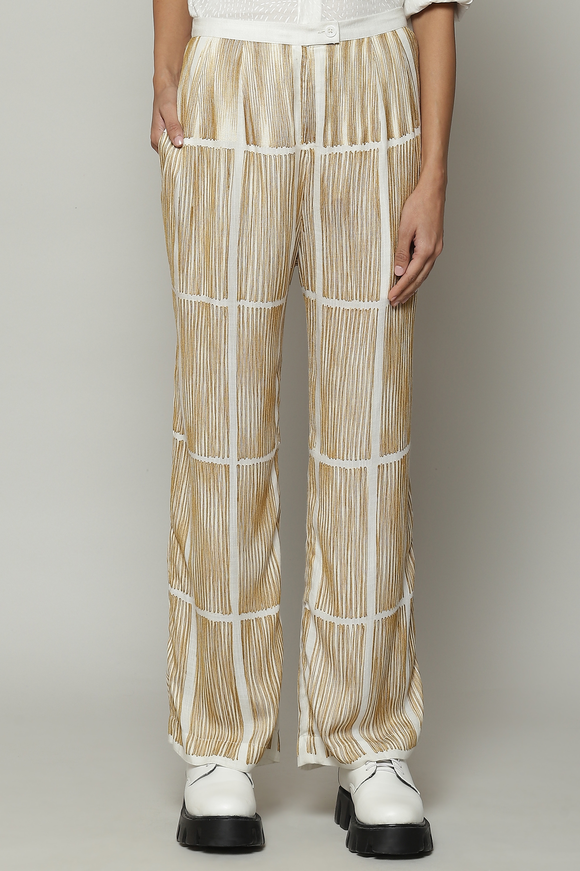 ABRAHAM AND THAKORE | Crewel Embroidered Cotton Pant Ivory Parchment