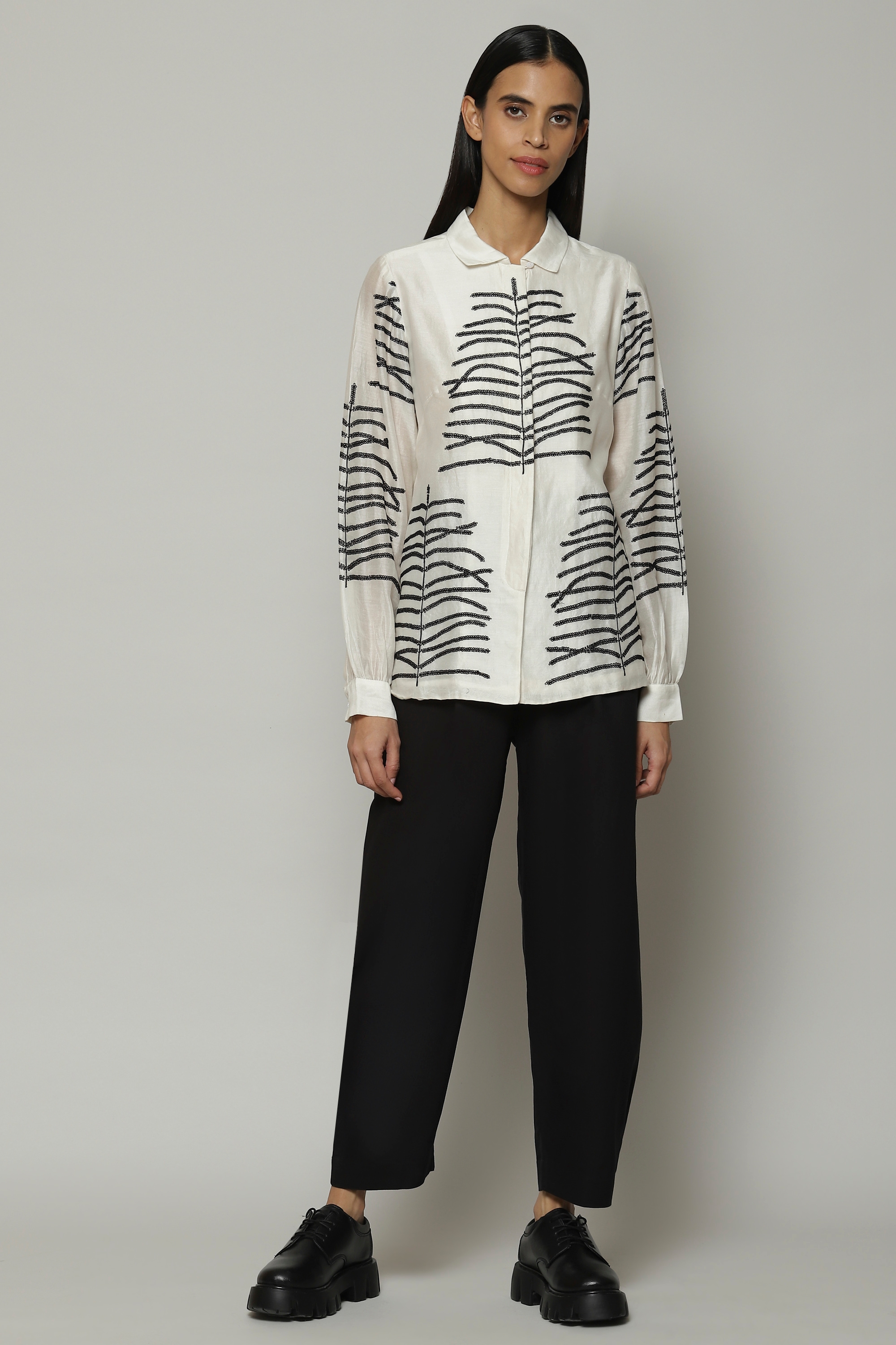 ABRAHAM AND THAKORE | Fern Crewel Embroidered Silk X Cotton Shirt Ivory