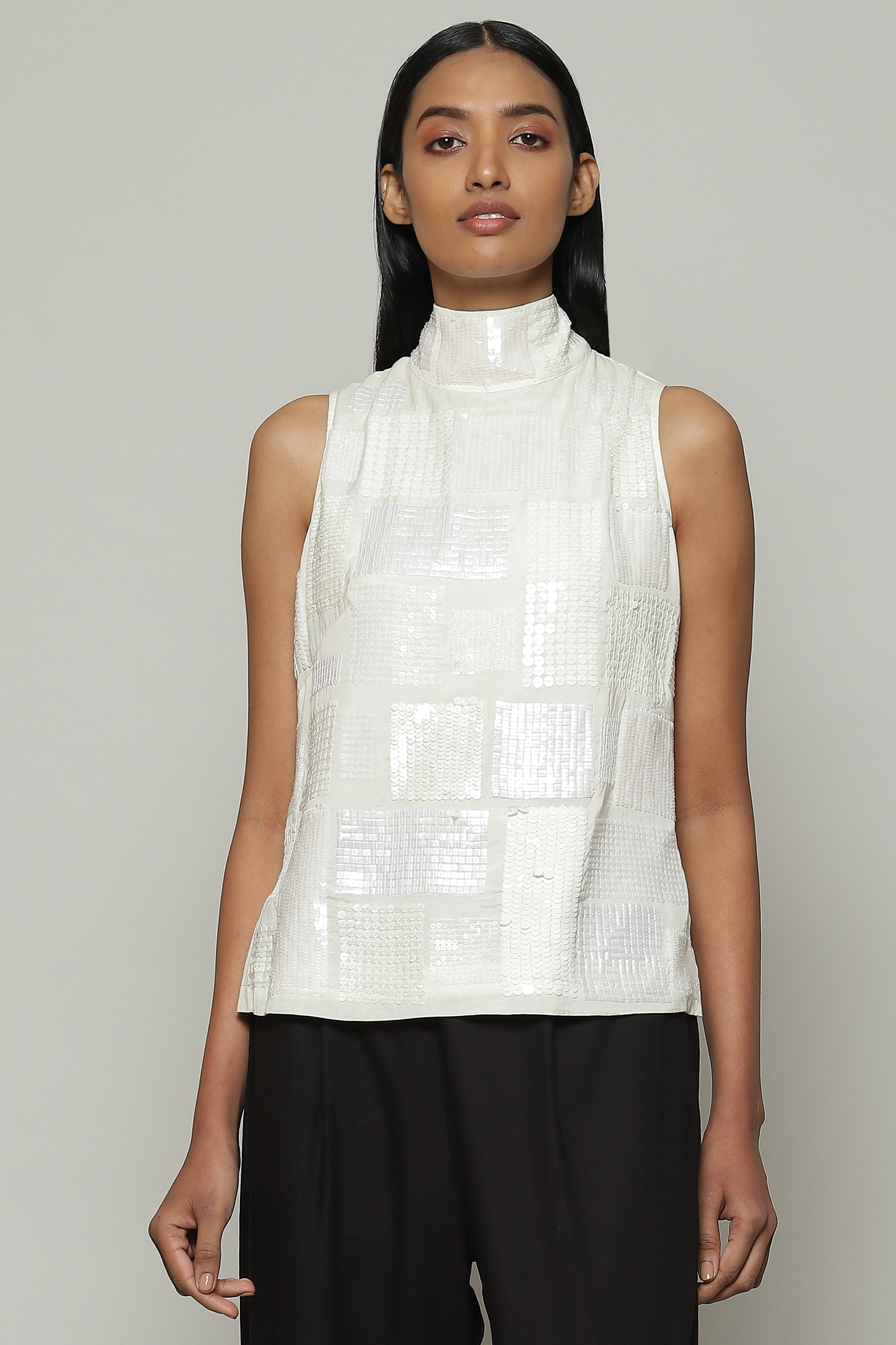 ABRAHAM AND THAKORE | Fern Crewel Embroidered Silk X Cotton Top Ivory