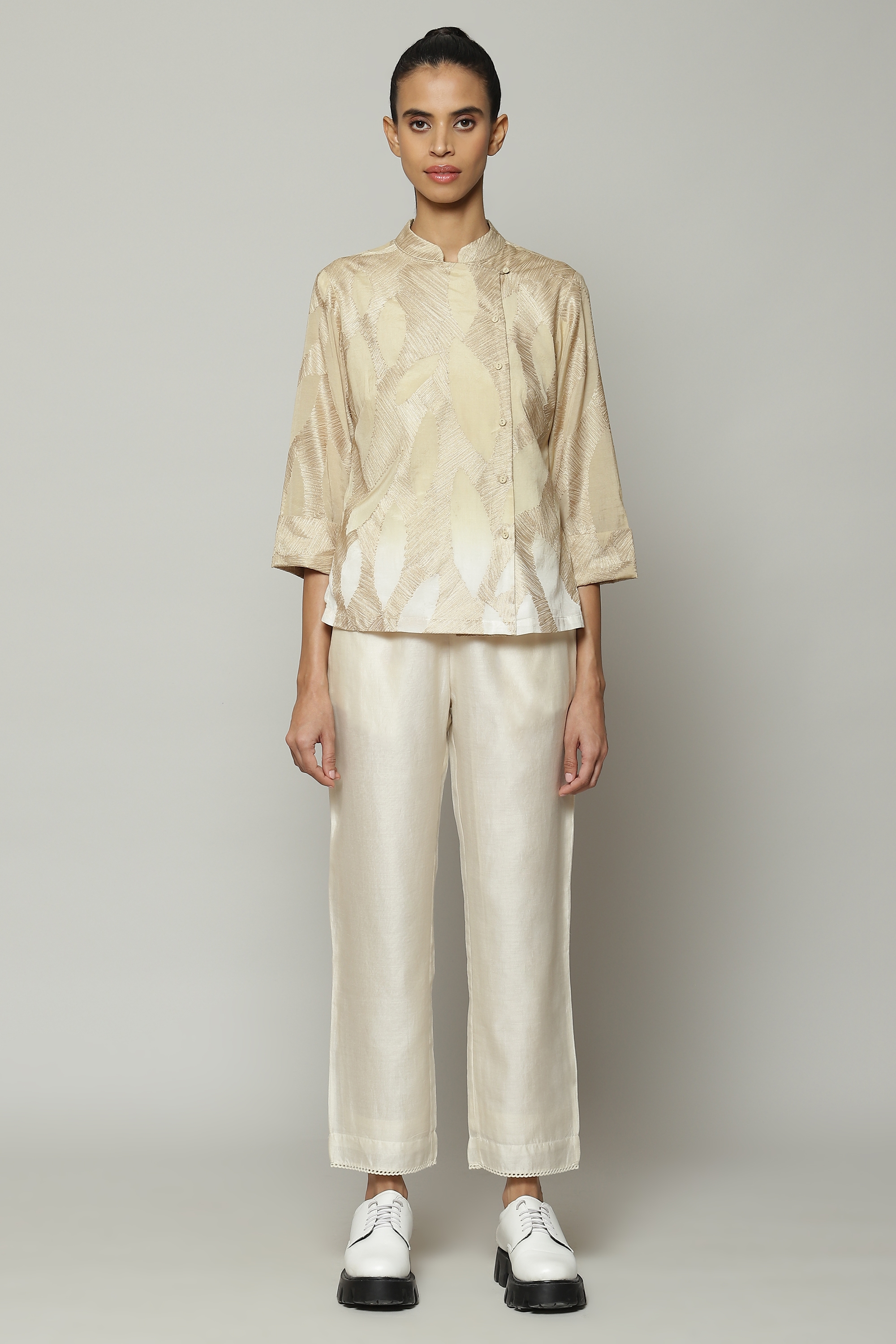 ABRAHAM AND THAKORE | Ombre Crewel Embroidered Voile Shirt Parchment