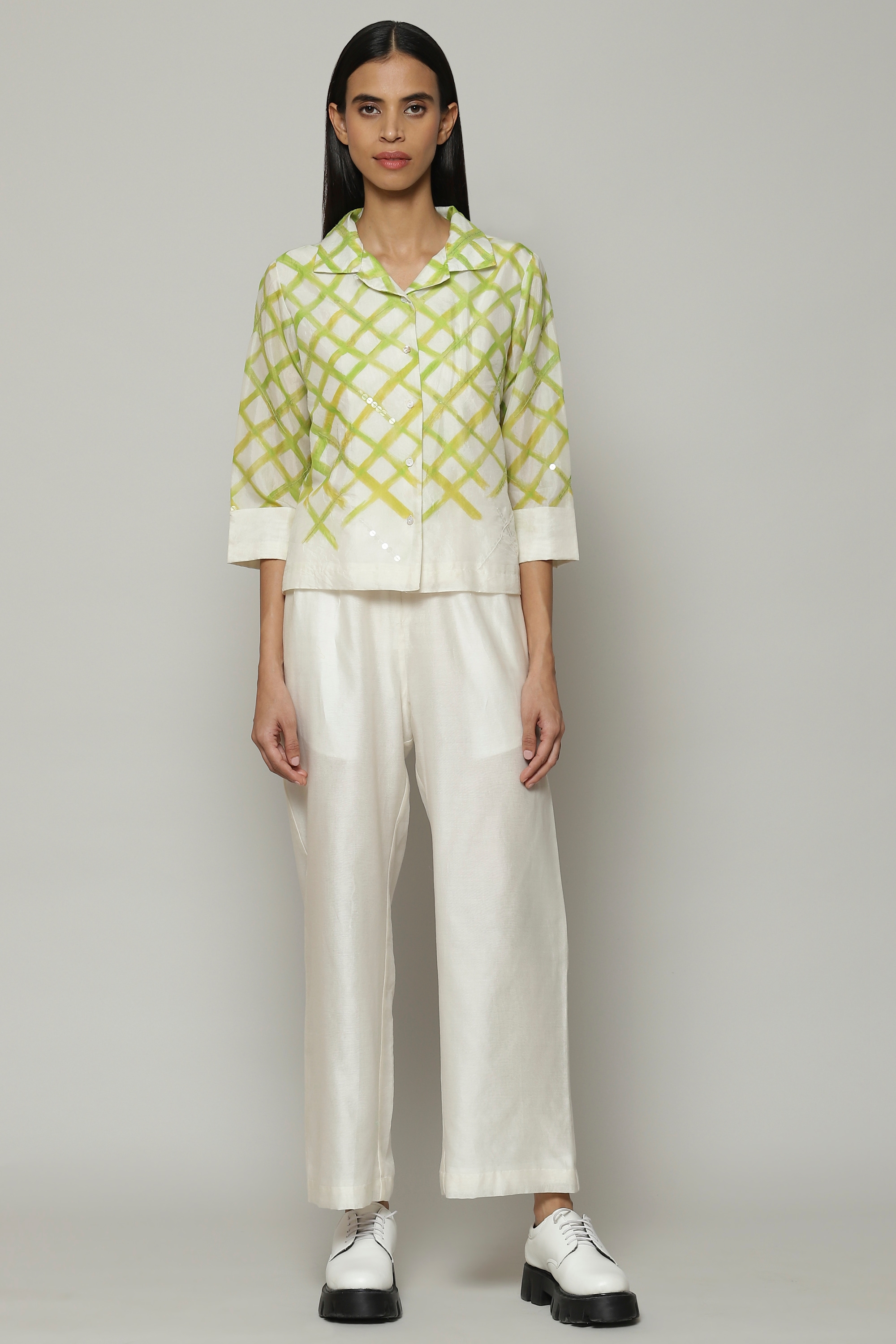 ABRAHAM AND THAKORE | Lattice Printed Luxe Voile Shirt Ivory Lime