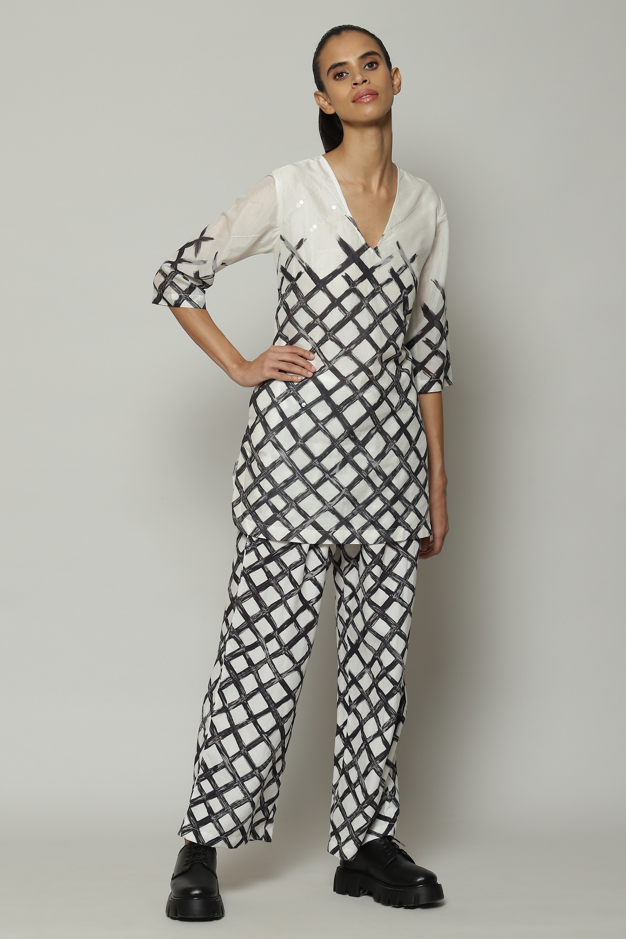ABRAHAM AND THAKORE | Lattice Printed Luxe Voile Tunic Ivory Black