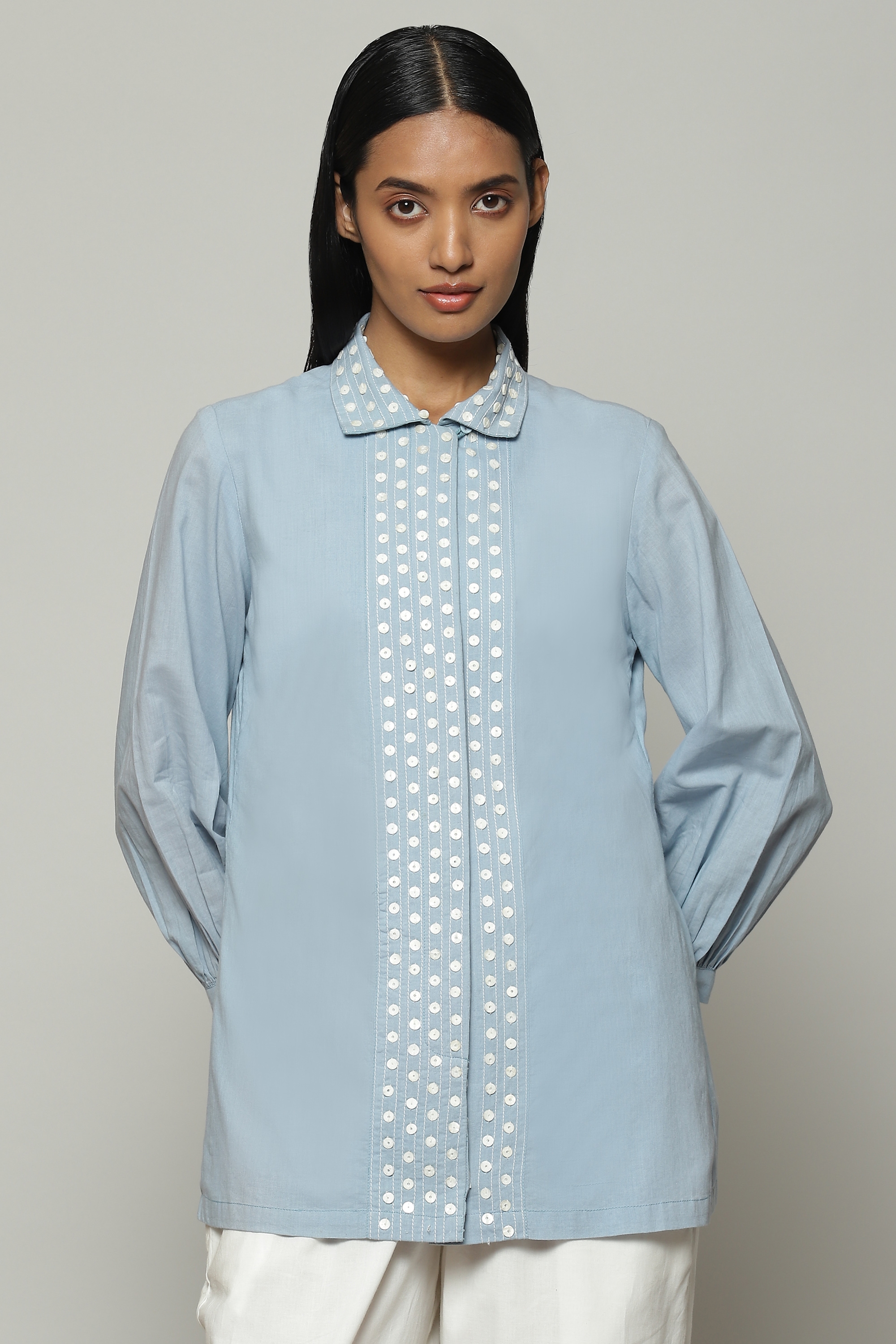 ABRAHAM AND THAKORE | Mother Of Pearl Embroidered Cambric Shirt Carolina