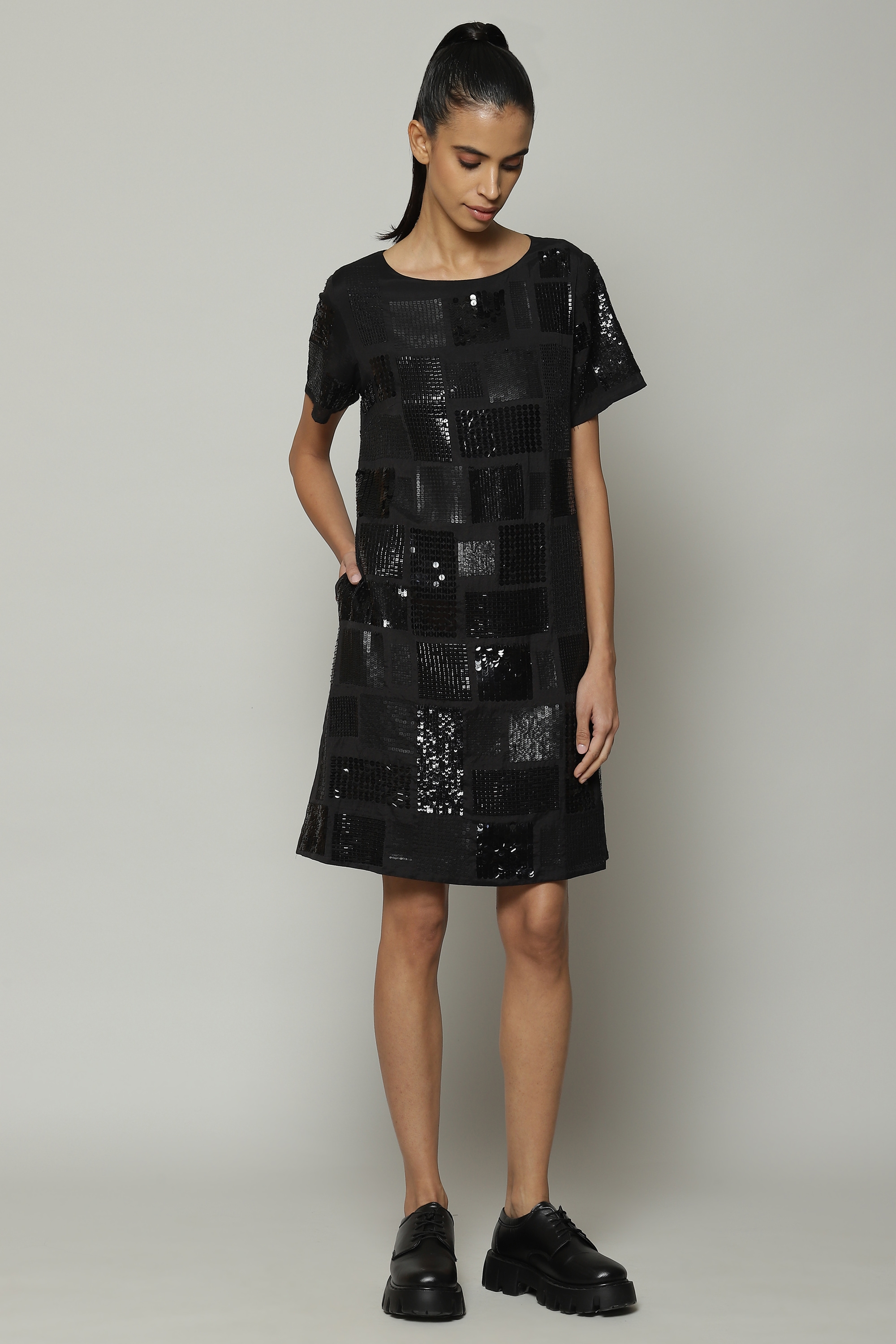 ABRAHAM AND THAKORE | Square Sequin Luxe Voile Dress Black