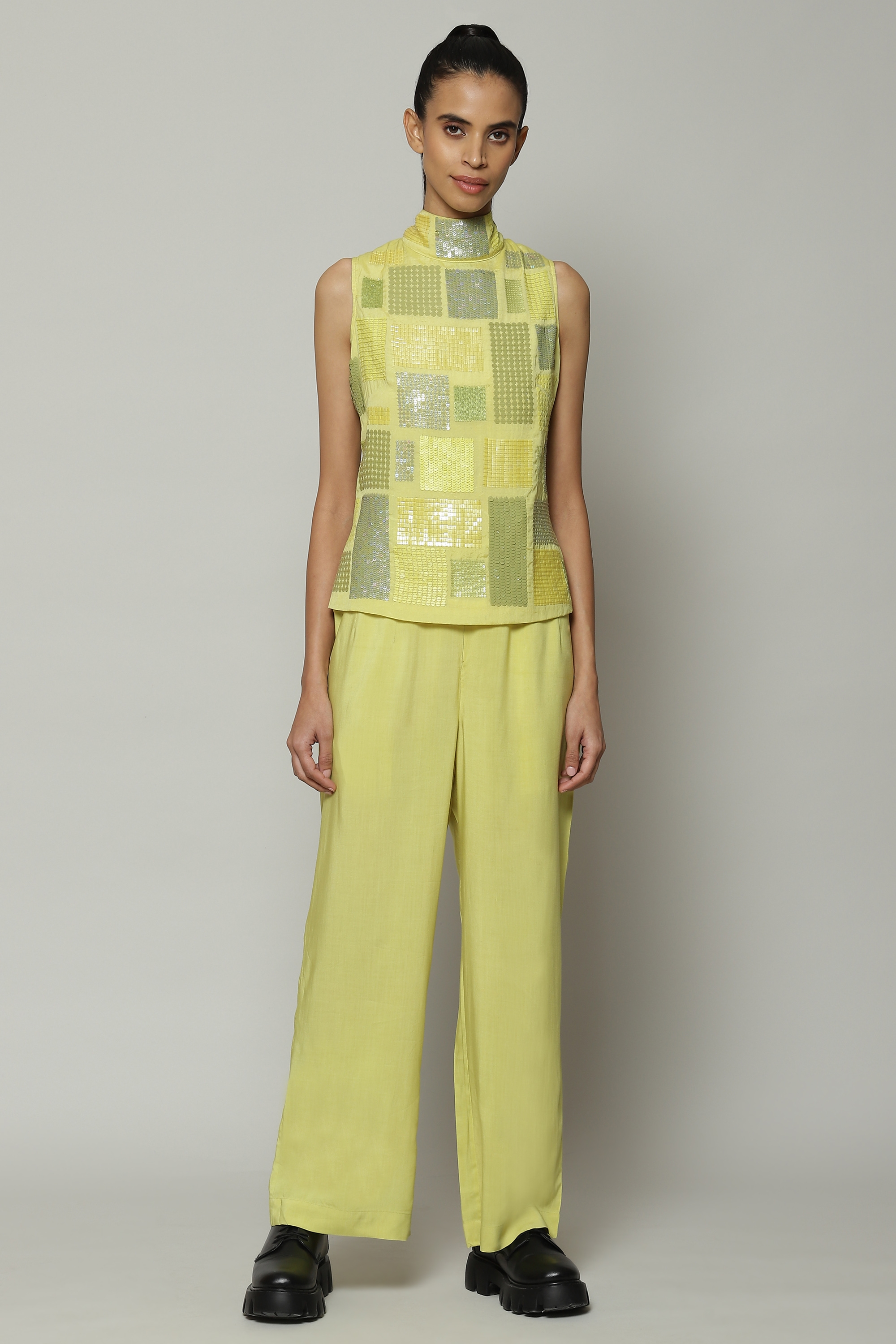 ABRAHAM AND THAKORE | Square Sequin Luxe Voile Top Lime