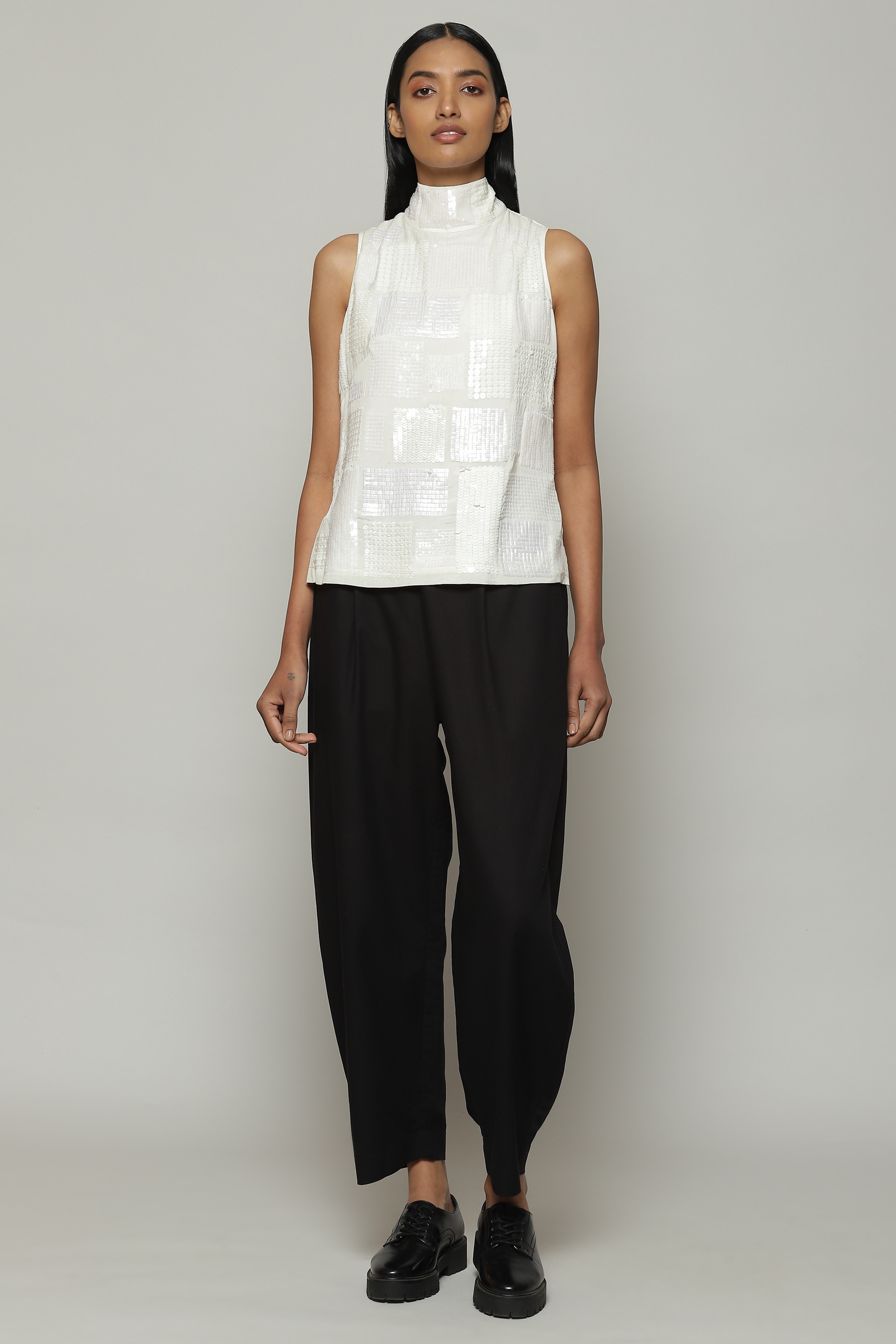 ABRAHAM AND THAKORE | Square Sequin Luxe Voile Top Ivory