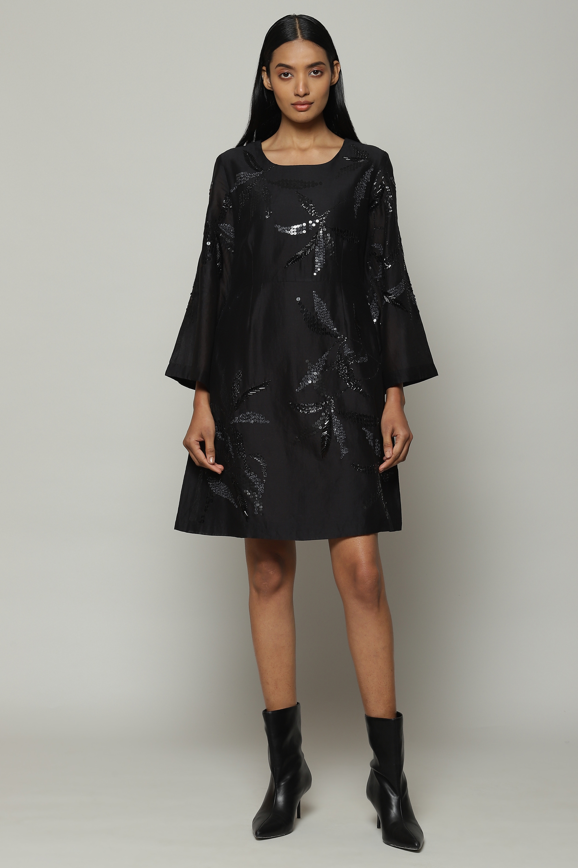 ABRAHAM AND THAKORE | Leaf Sequin Silk X Cotton Dress Black