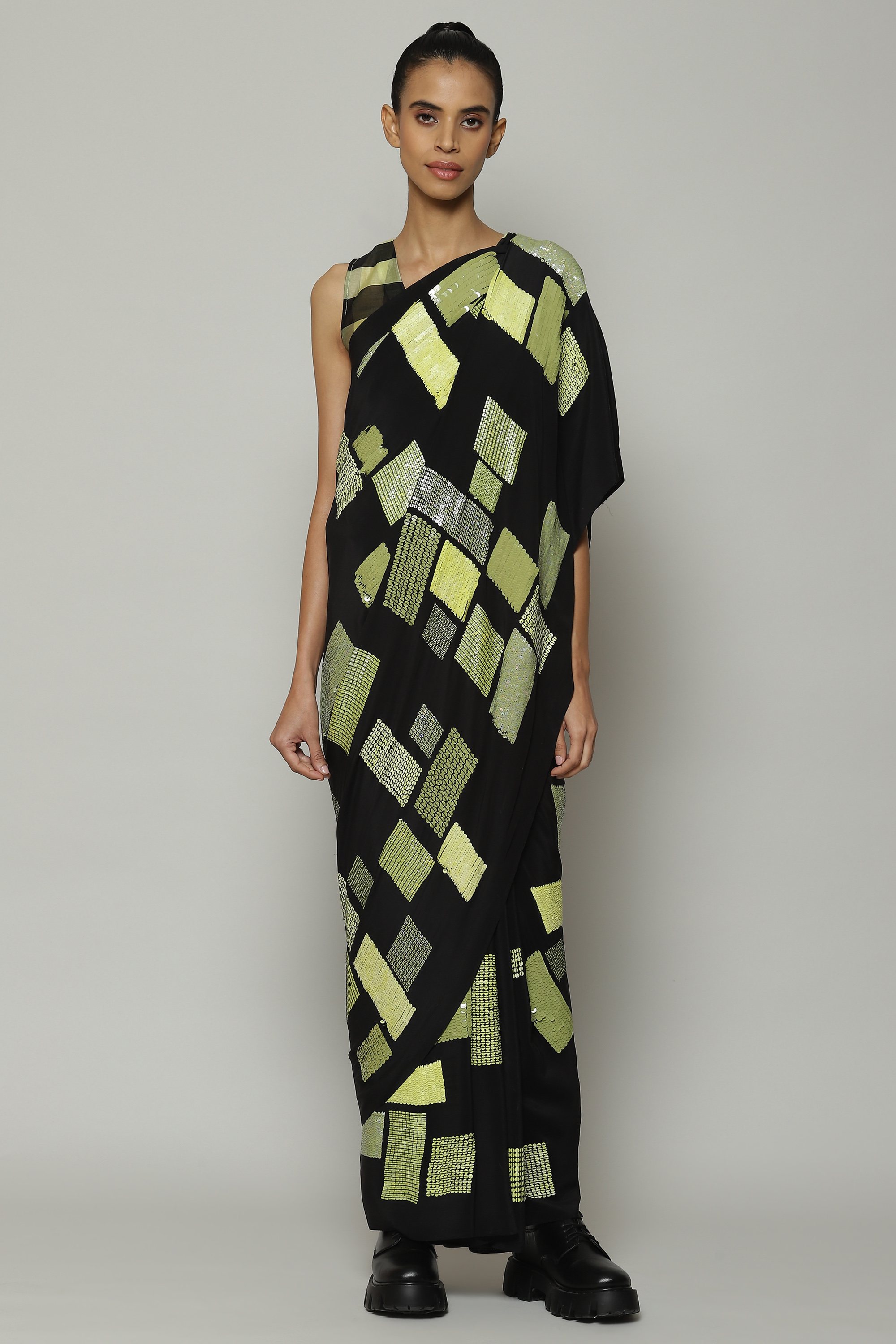 ABRAHAM AND THAKORE | Square Sequin Silk Crepe Saree Black-Lime