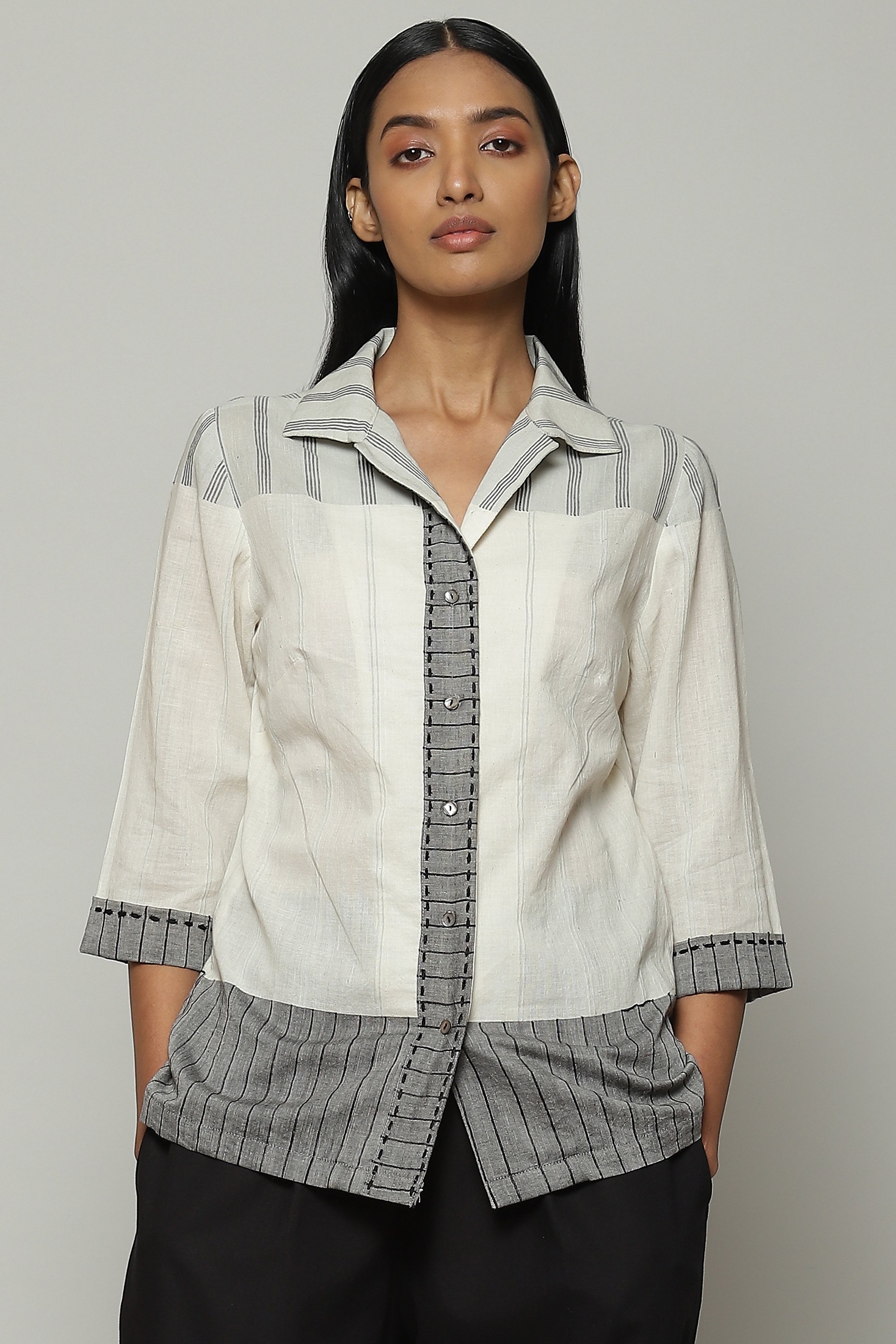 ABRAHAM AND THAKORE | Turned Weft Handwoven Cotton Shirt Ivory-Grey
