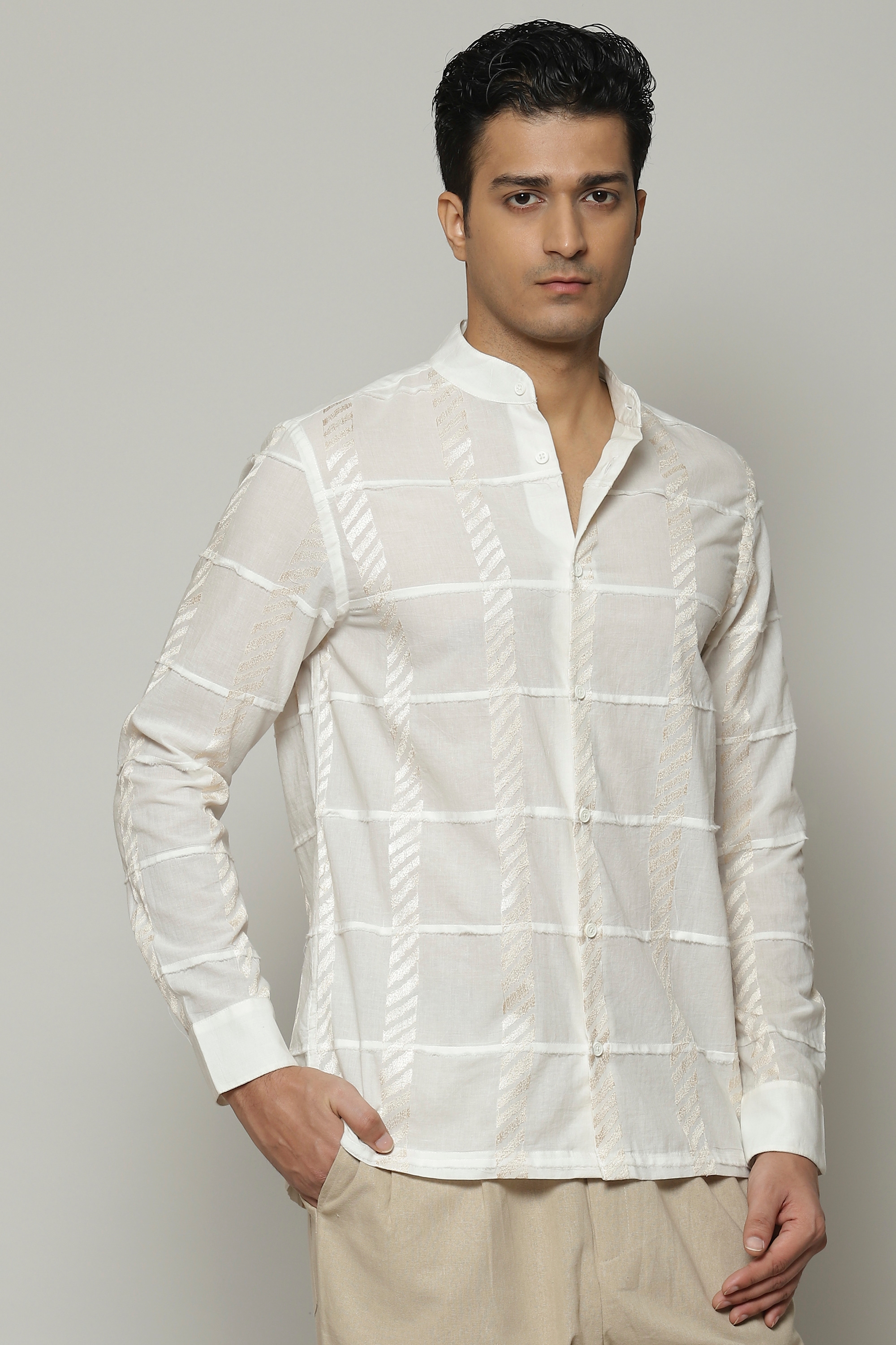 ABRAHAM AND THAKORE | Patchwork Cambric Shirt Ivory