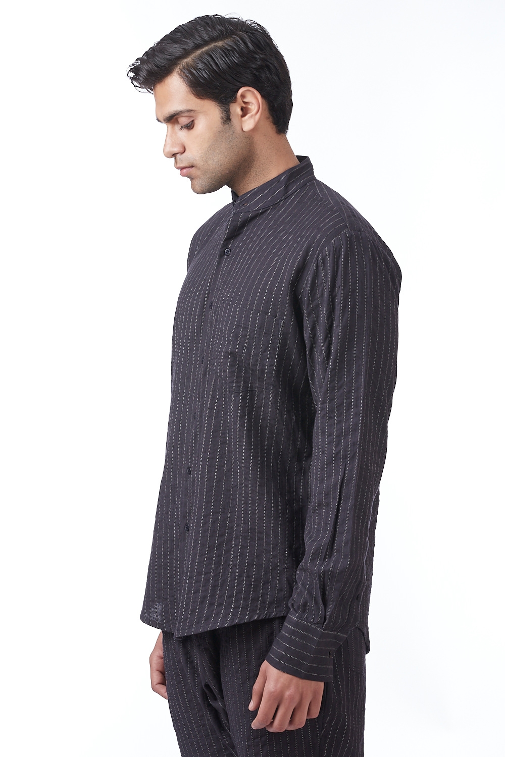 ABRAHAM AND THAKORE | Granddad Collar Shirt With Embroidered Pinstripes