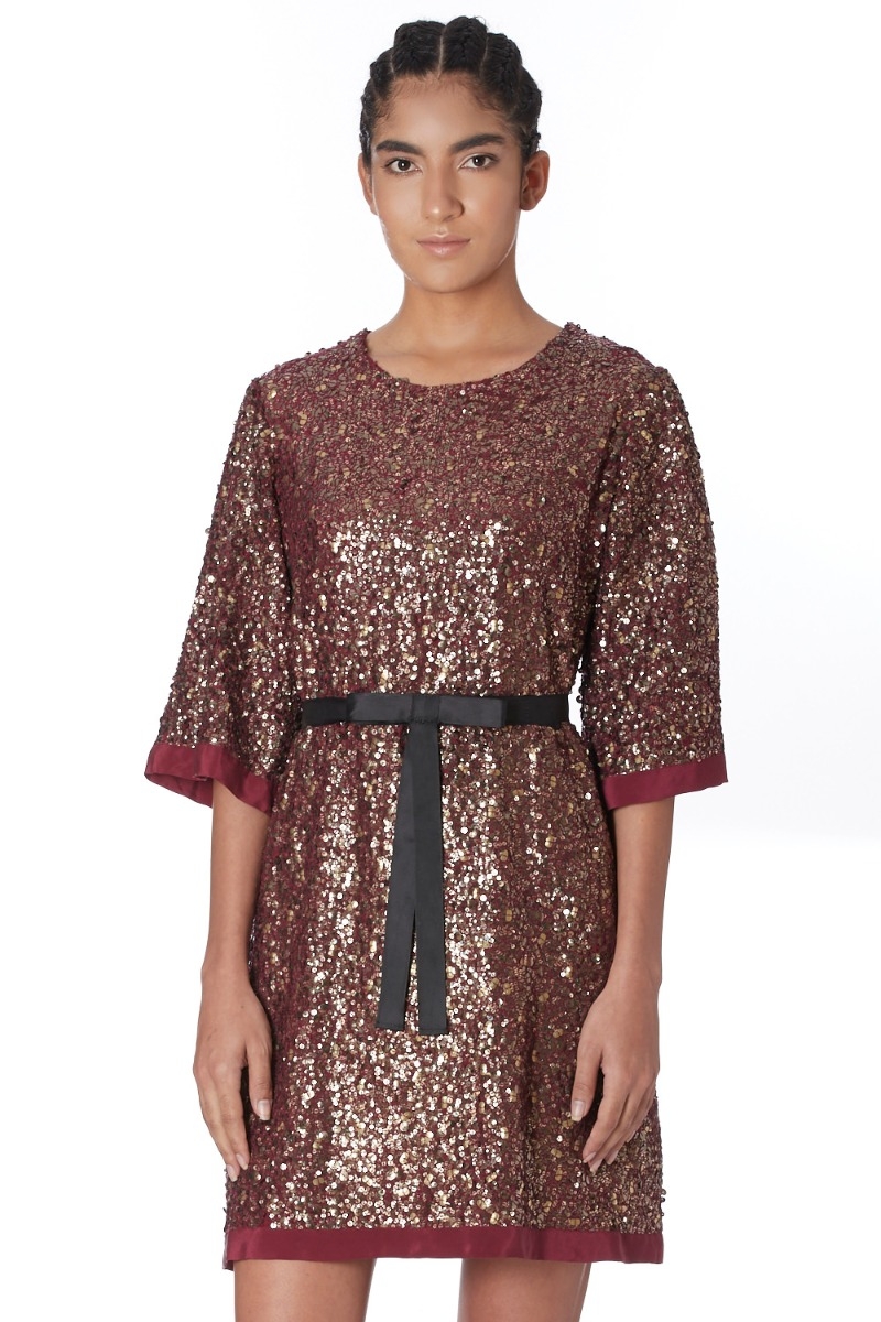 ABRAHAM AND THAKORE | Hand Embroidered Sequin Silk Dress Wine & Red