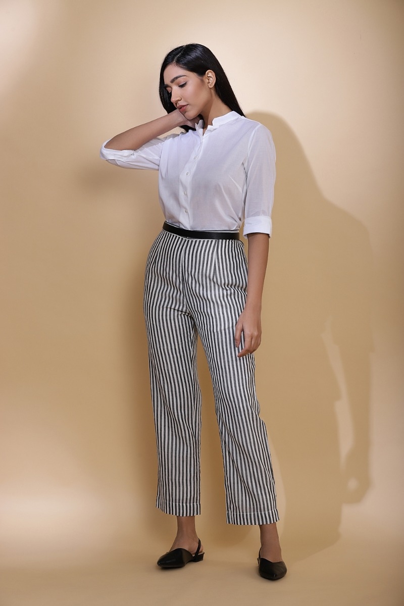 ABRAHAM AND THAKORE | Handwoven Striped Cotton Straight Pants